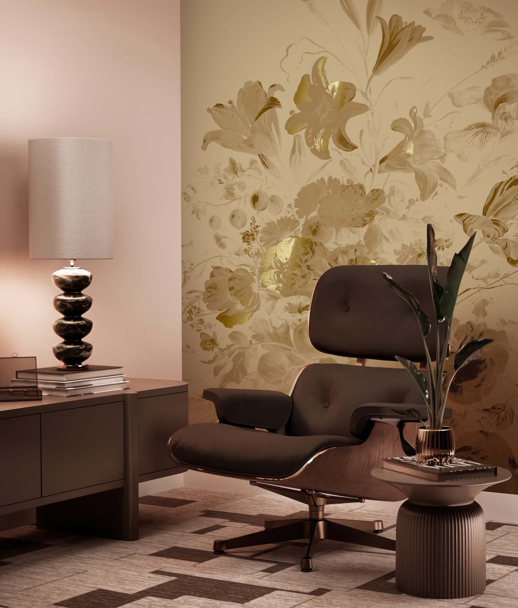 Blumentapete mit Gold, Golden Age Flowers, Gold/Toffee