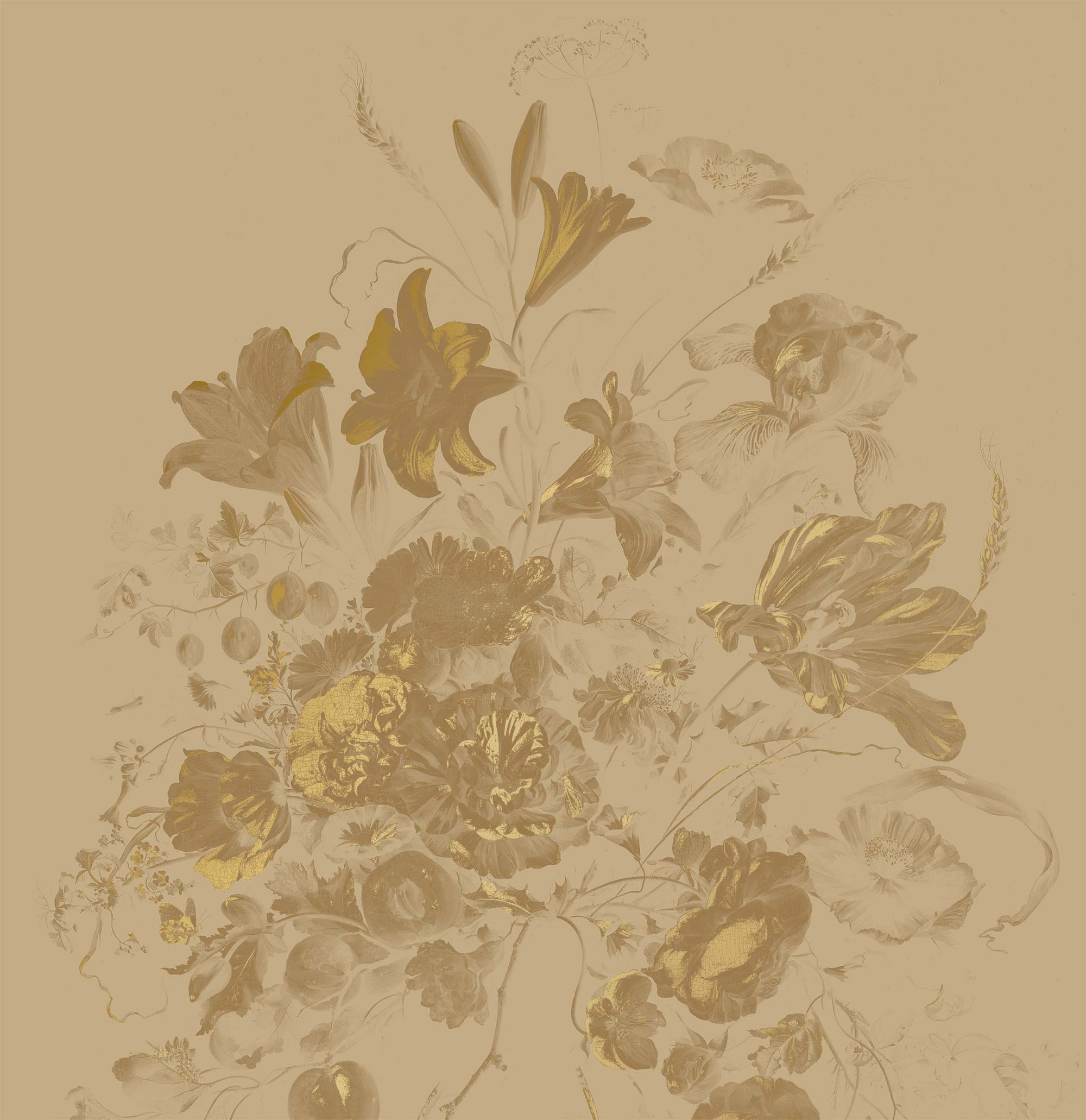 Floral wallpaper with gold, Golden Age Flowers, Gold/Toffee