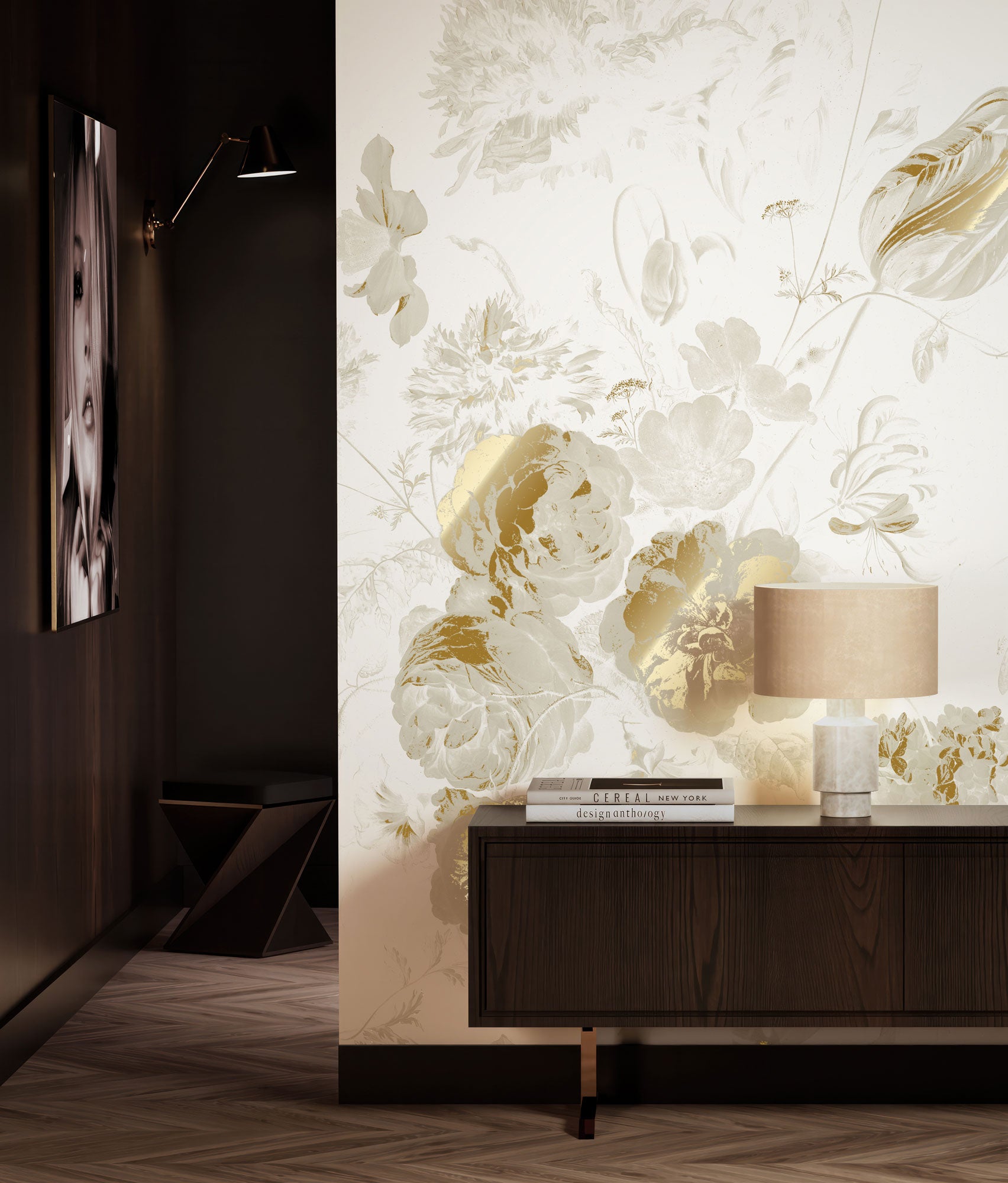 Floral wallpaper with gold, Golden Age Flowers, Gold/Sand
