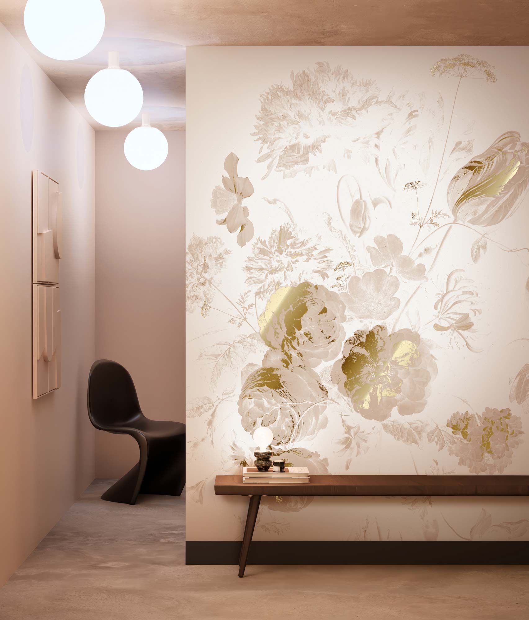 Floral wallpaper with gold, Golden Age Flowers, Gold/Nude