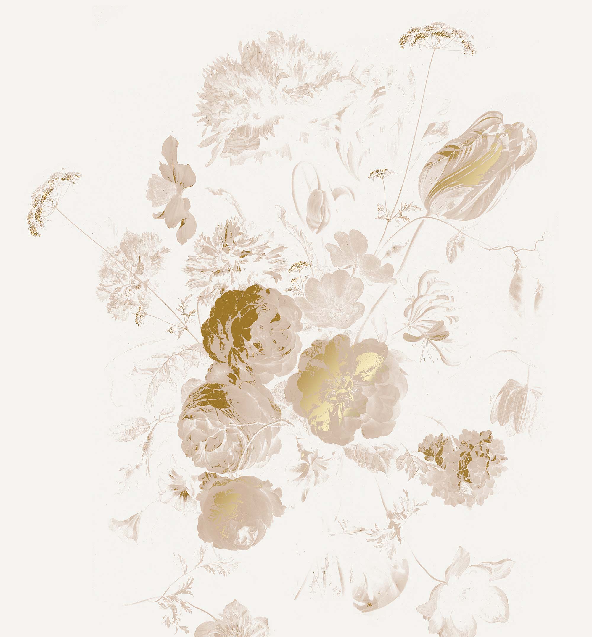 Floral wallpaper with gold, Golden Age Flowers, Gold/Nude