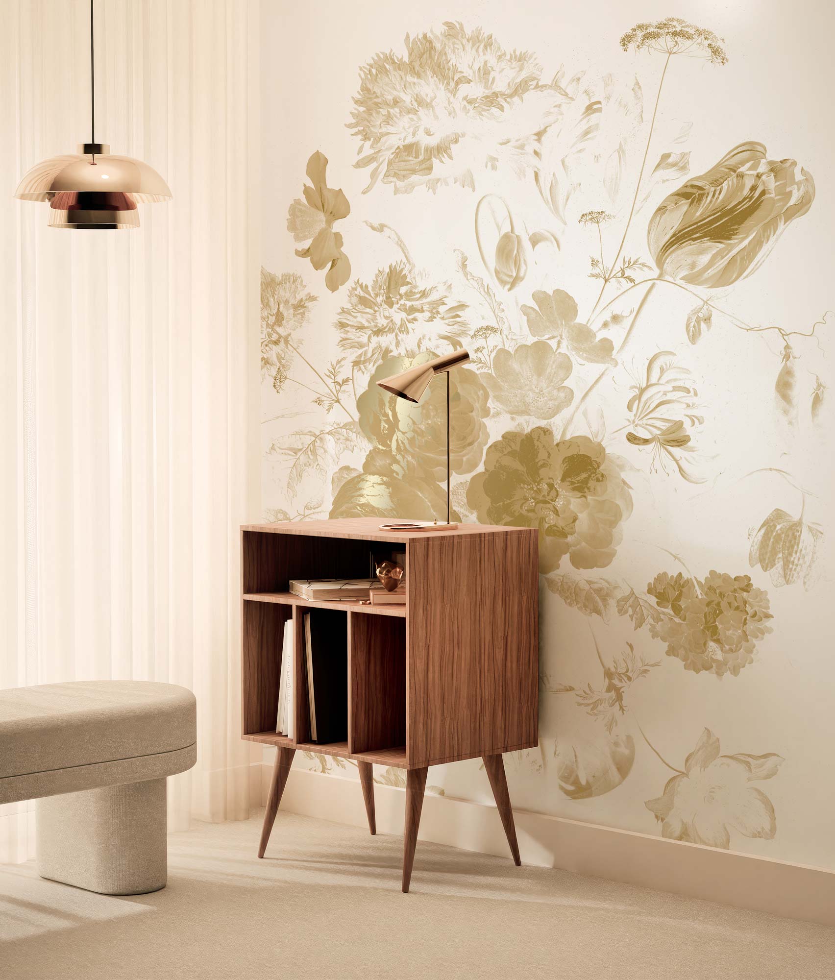 Floral wallpaper with gold, Golden Age Flowers, Gold/Toffee