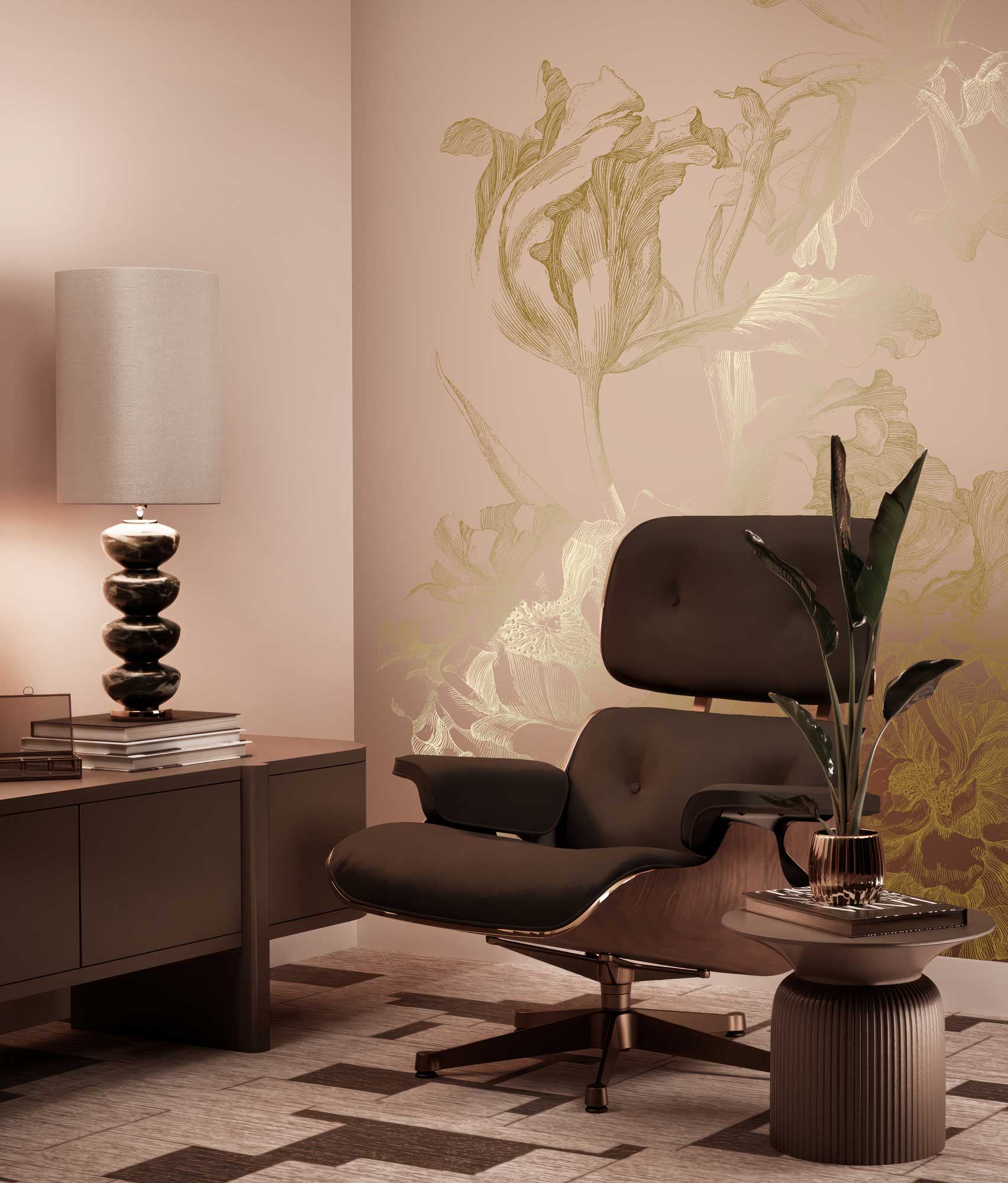 Floral wallpaper with gold, Engraved Flowers, Gold/Nude