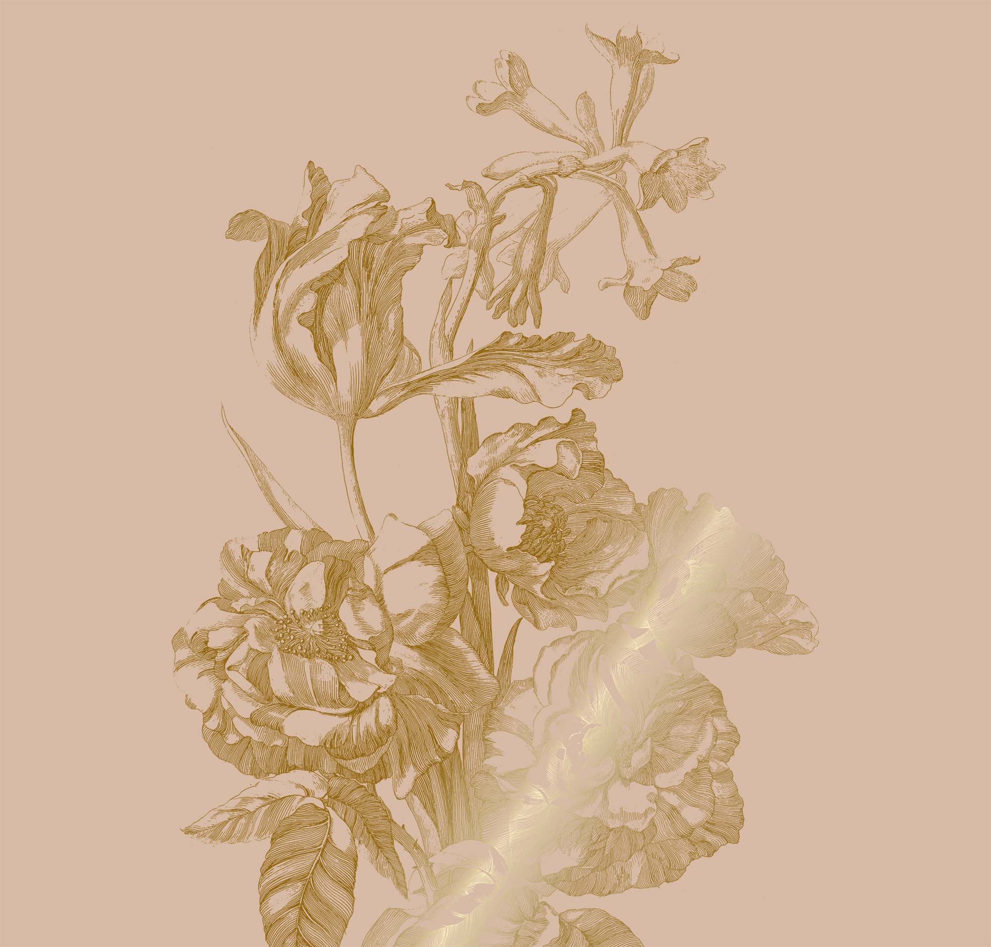 Papier peint floral avec or, Engraved Flowers, Or/Nude