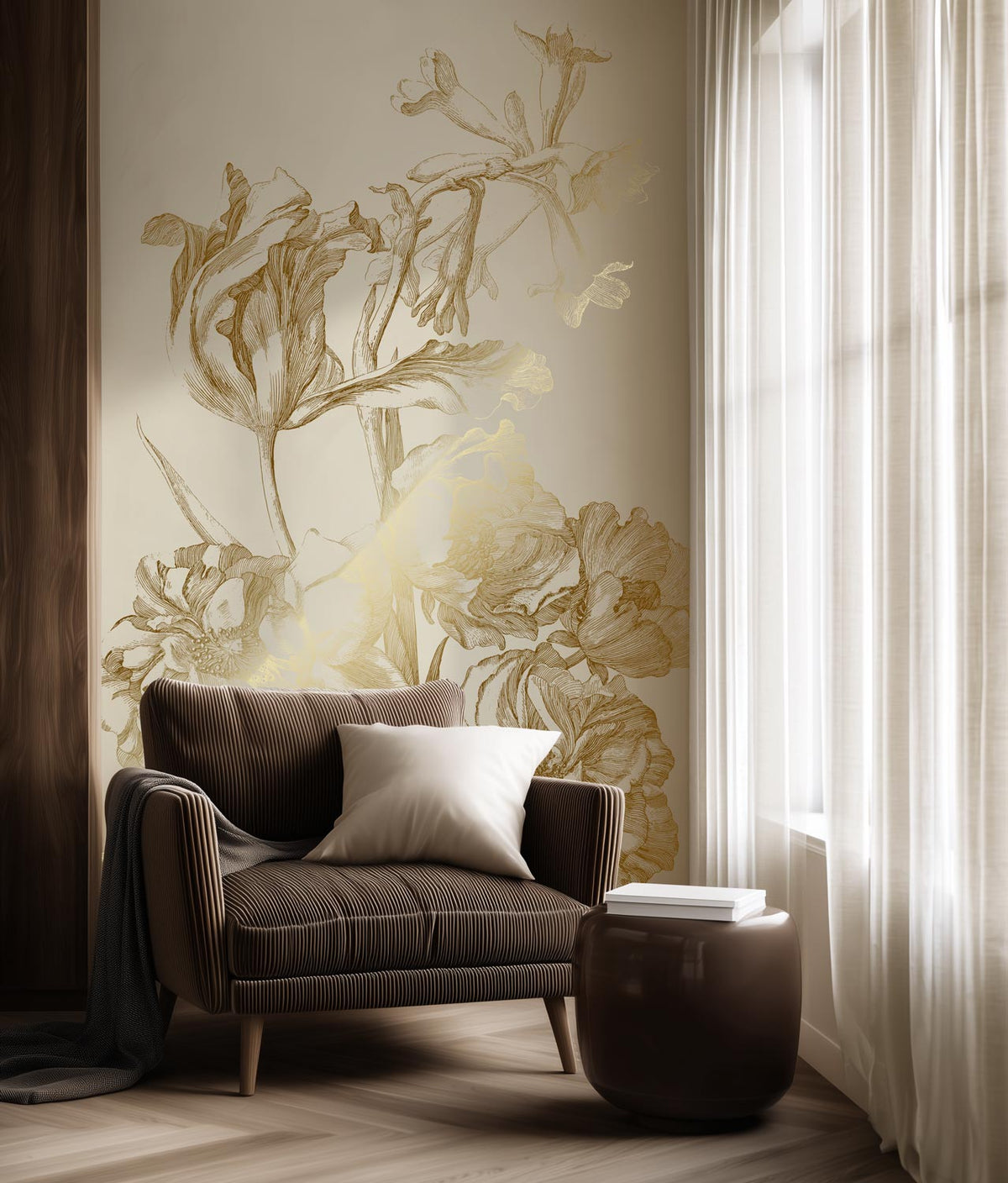Papier peint floral avec or, Engraved Flowers, Or/Sable
