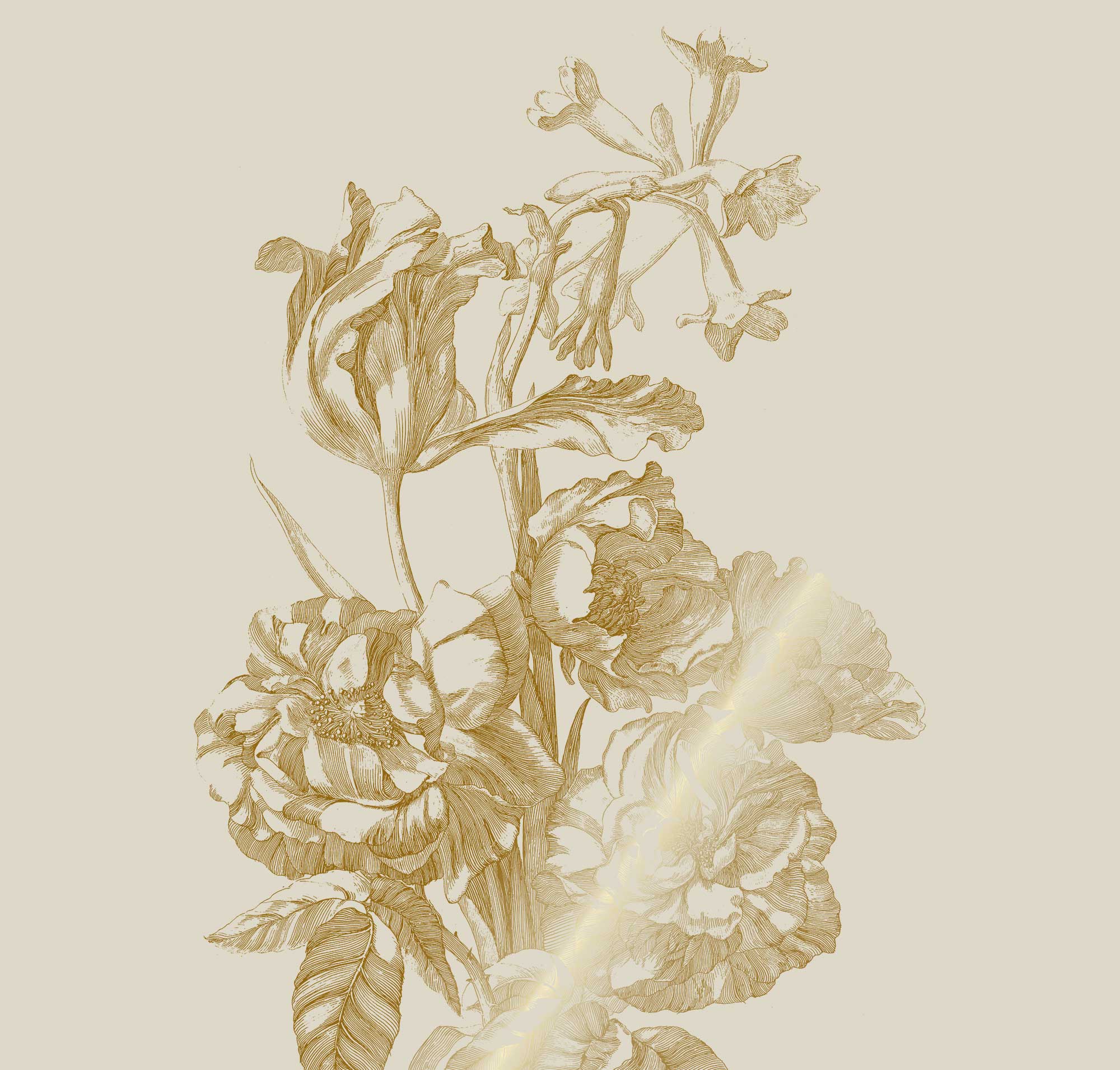 Blumentapete mit Gold, Engraved Flowers, Gold/Sand