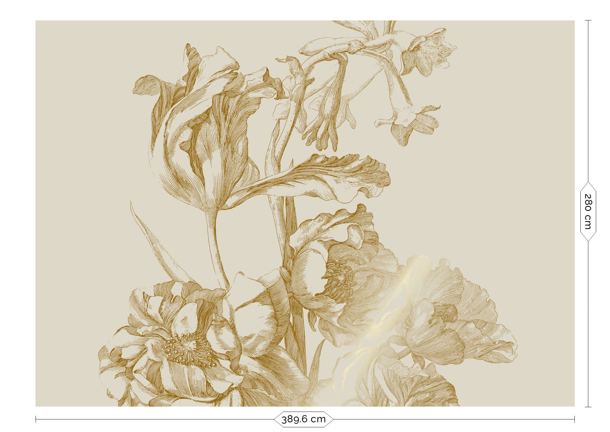 Blumentapete mit Gold, Engraved Flowers, Gold/Sand