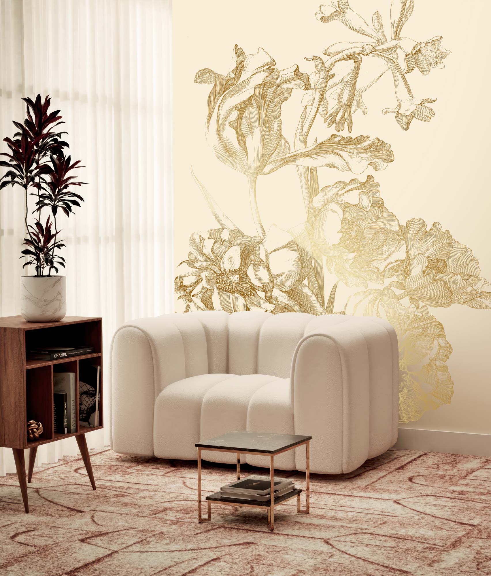 Floral wallpaper with gold, Engraved Flowers, Gold/Beige