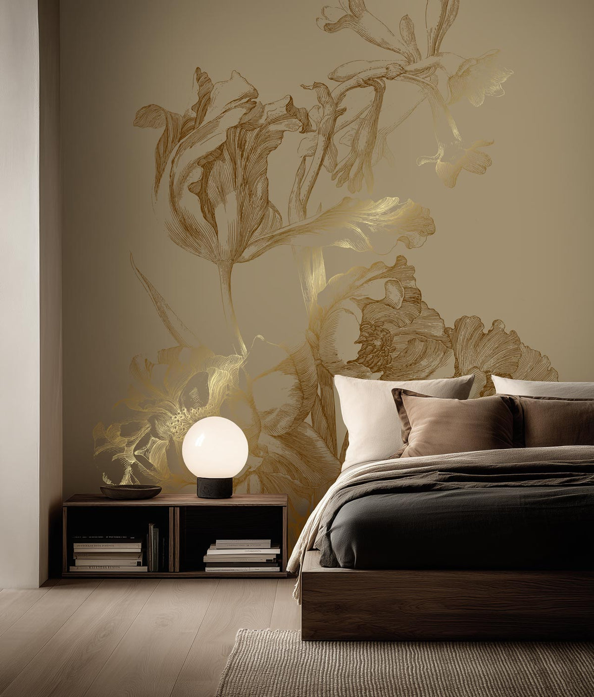 Papel pintado floral con oro, Engraved Flowers, Oro/Taupe
