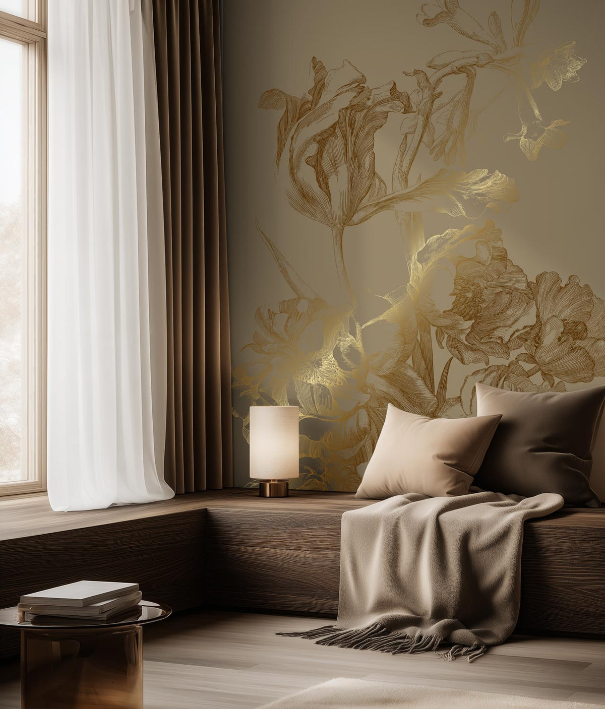 Papier peint floral avec or, Engraved Flowers, Or/Taupe