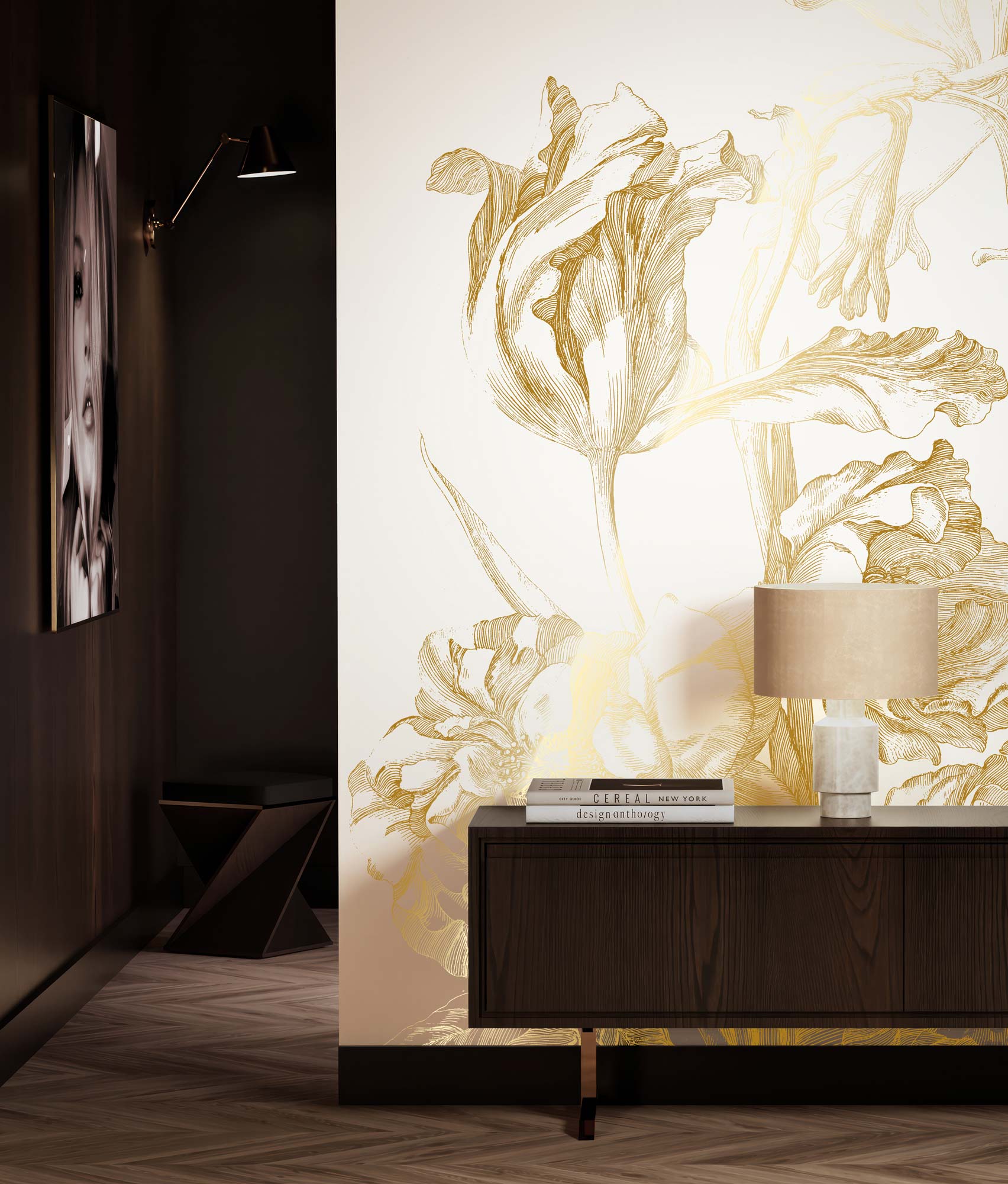 Floral wallpaper with gold, Engraved Flowers, Gold/White