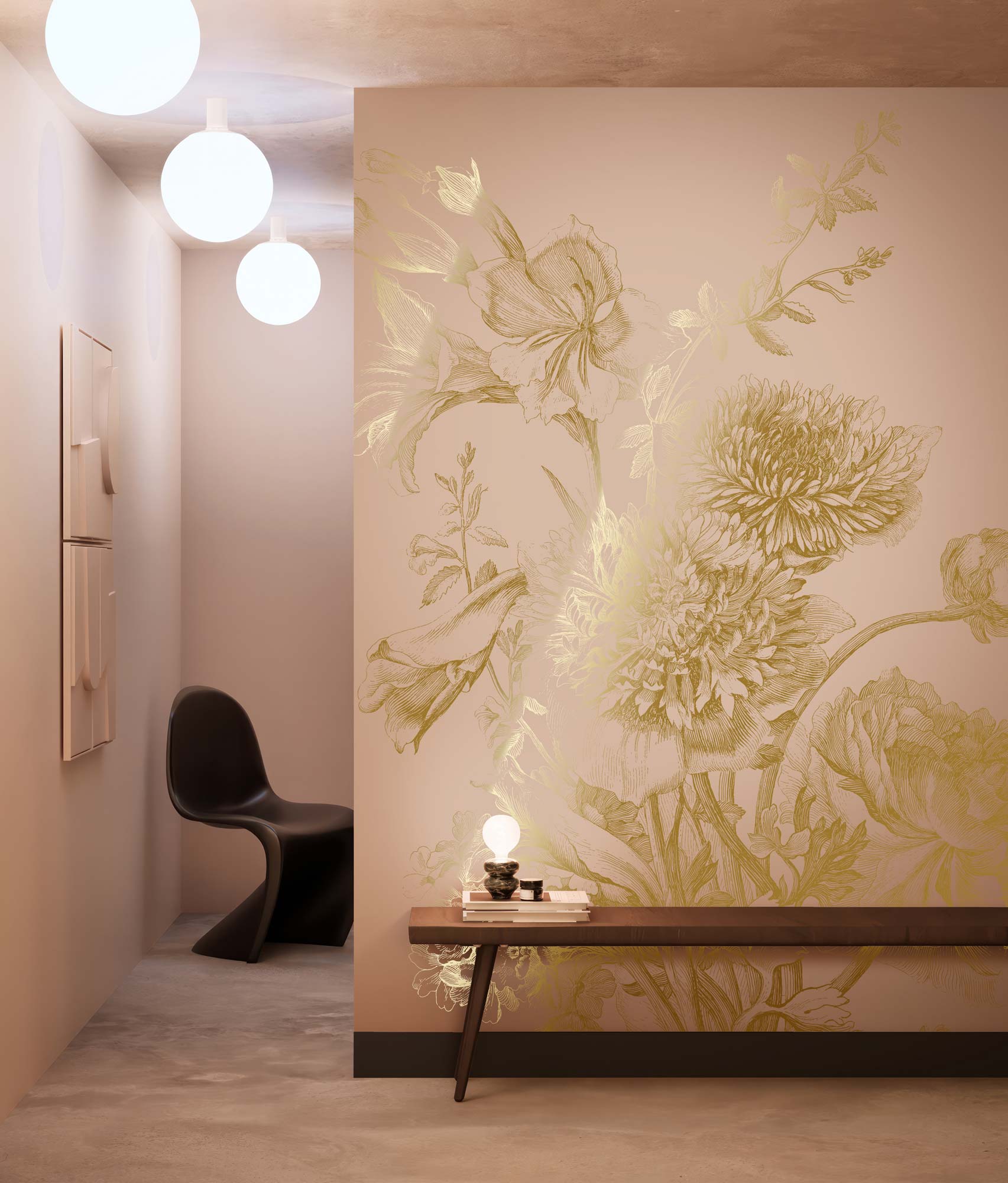 Floral wallpaper with gold, Engraved Flowers, Gold/Nude