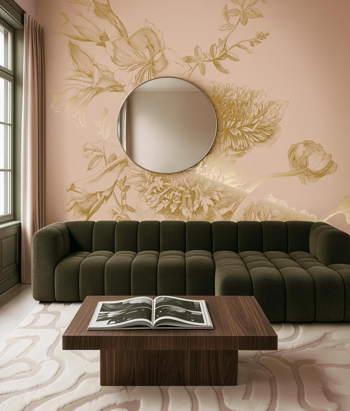 Bloemen behang met goud, Engraved Flowers, Goud/Nude