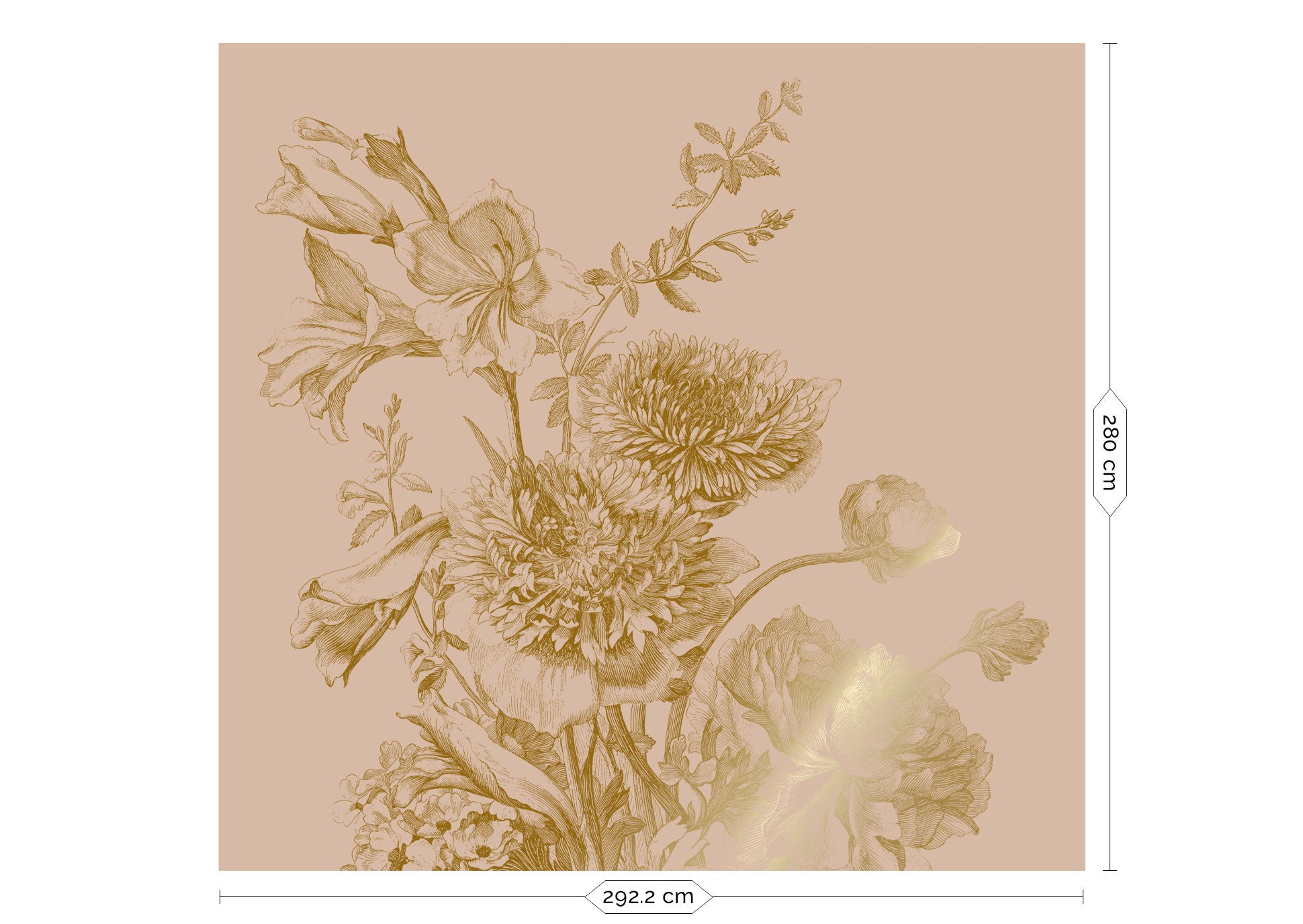 Papel pintado floral con oro, Engraved Flowers, Oro/Nude