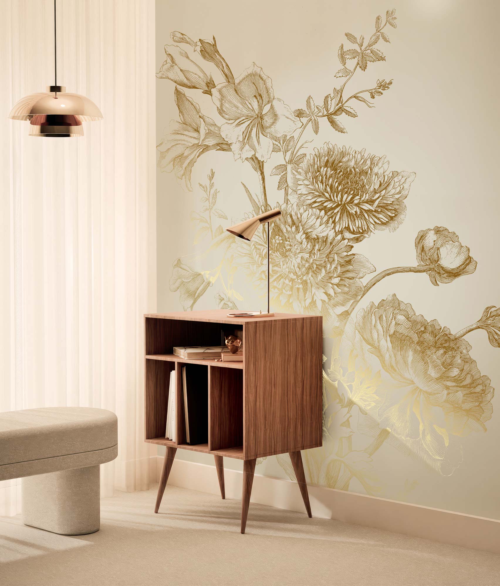 Floral wallpaper with gold, Engraved Flowers, Gold/Sand