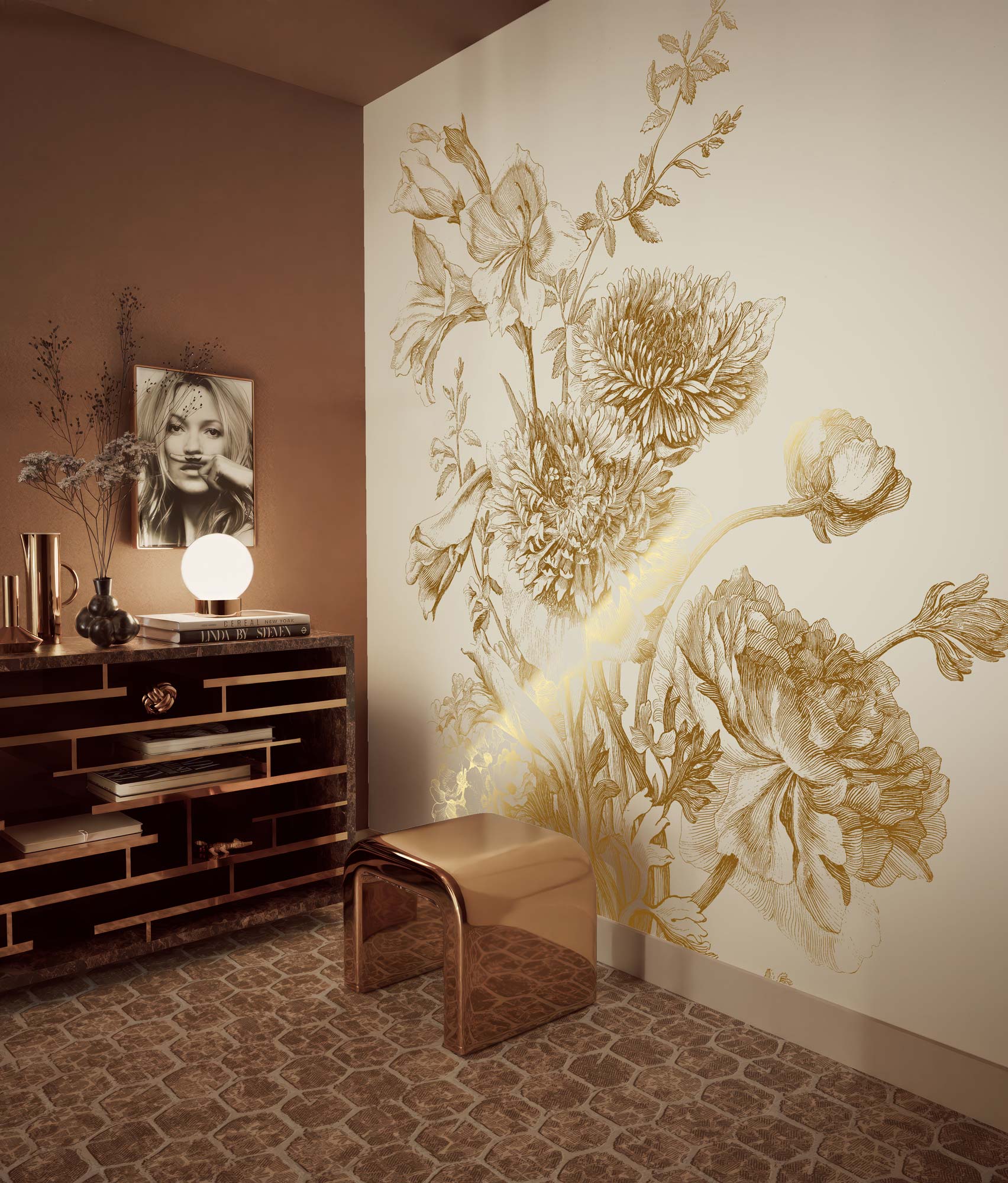 Blumentapete mit Gold, Engraved Flowers, Gold/Sand