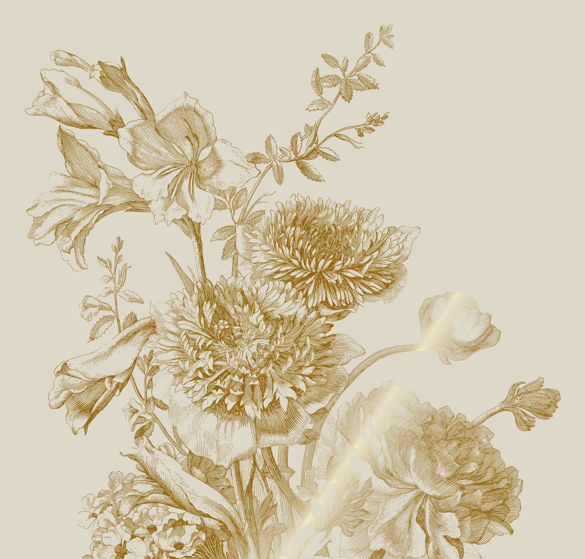 Floral wallpaper with gold, Engraved Flowers, Gold/Sand