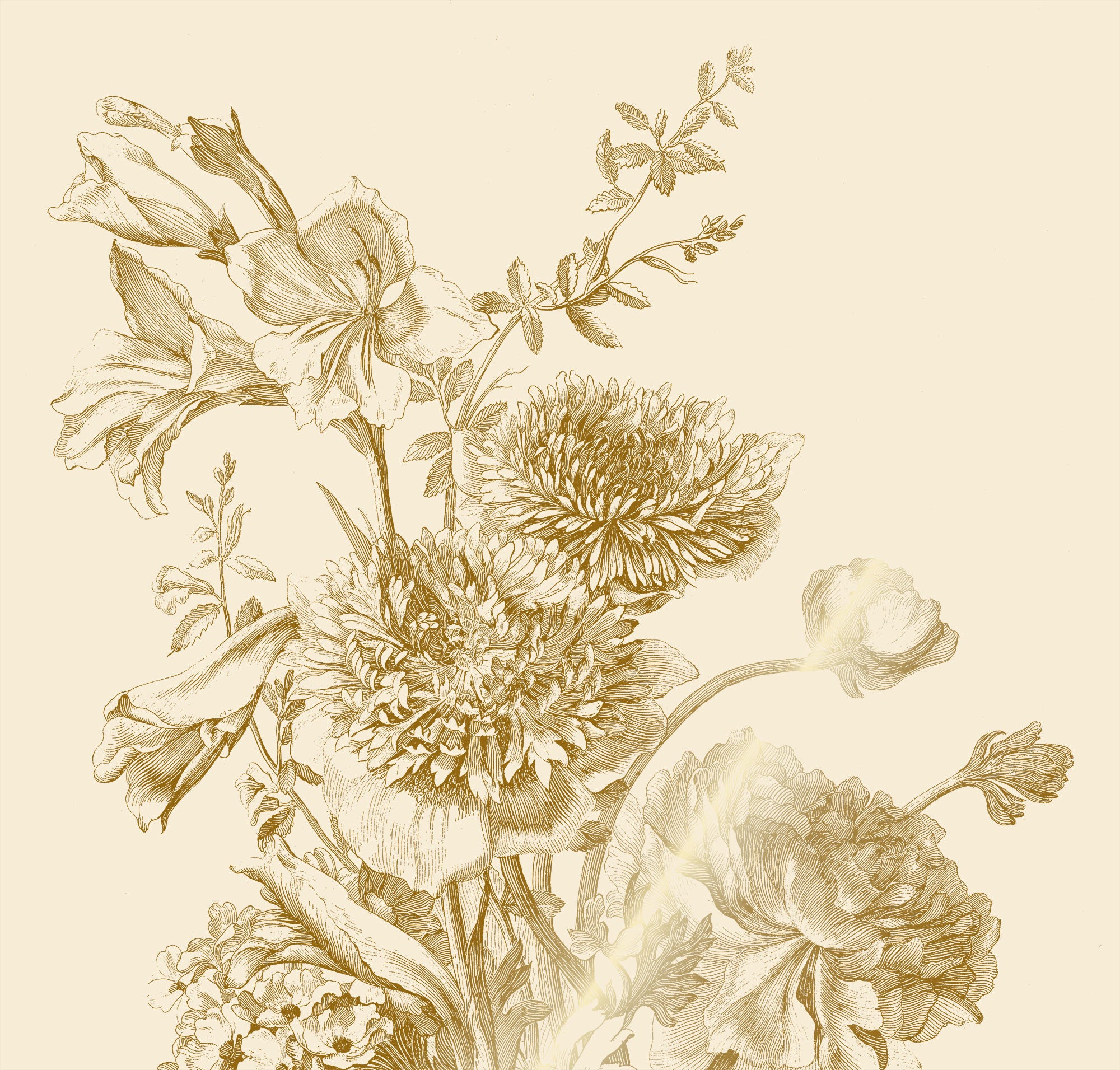 Floral wallpaper with gold, Engraved Flowers, Gold/Beige