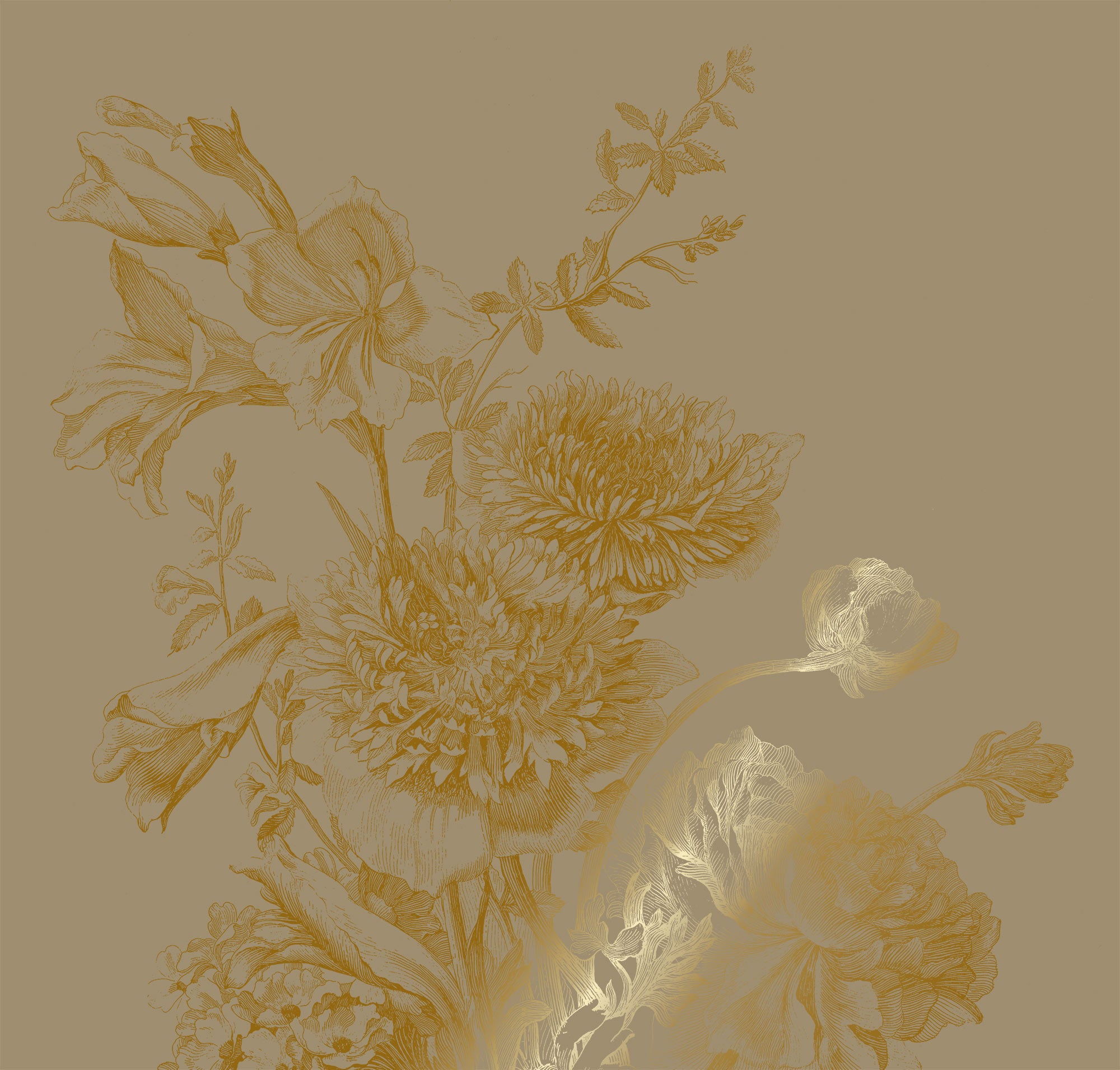 Blumentapete mit Gold, Engraved Flowers, Gold/Taupe