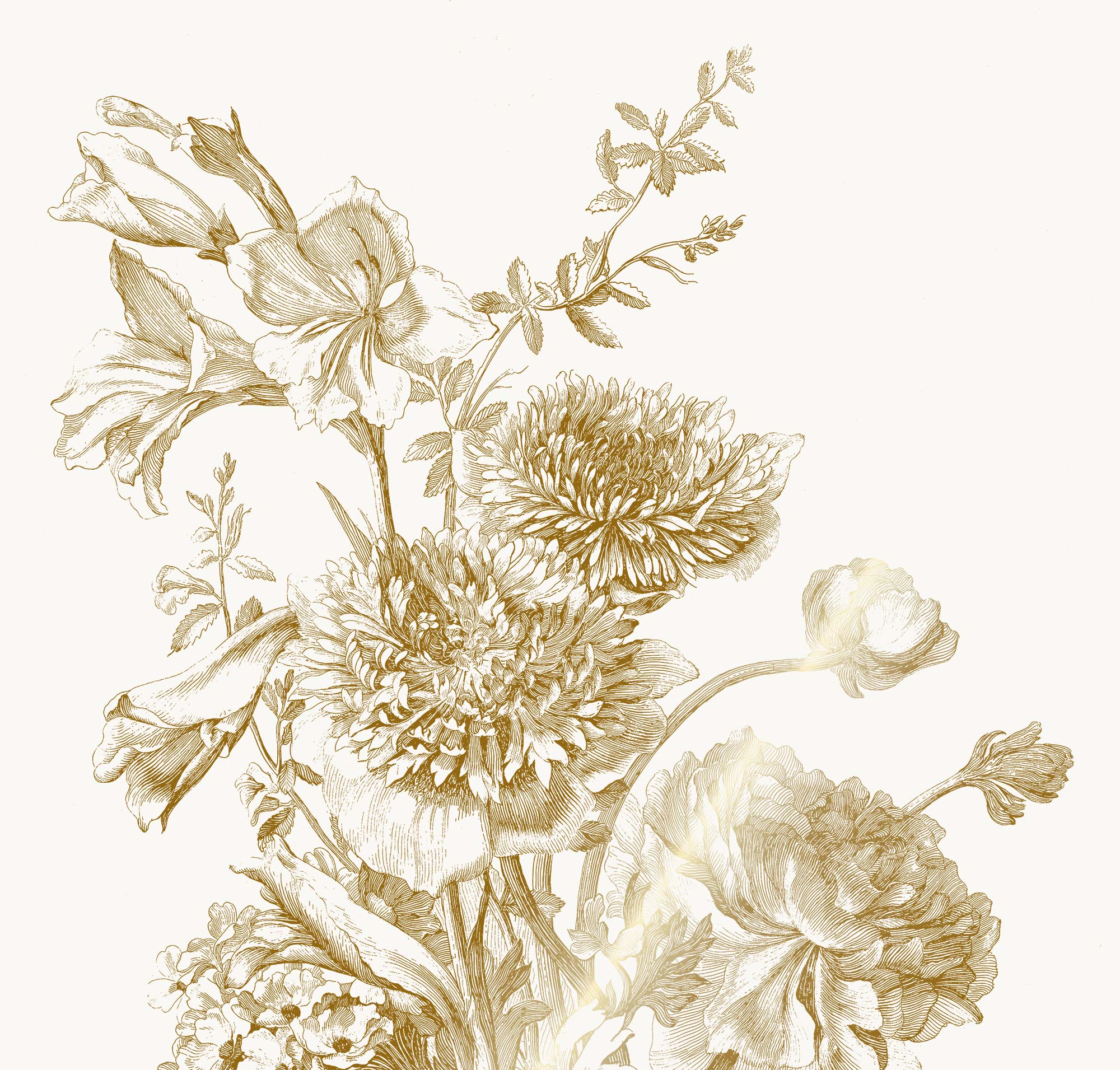 Floral wallpaper with gold, Engraved Flowers, Gold/White