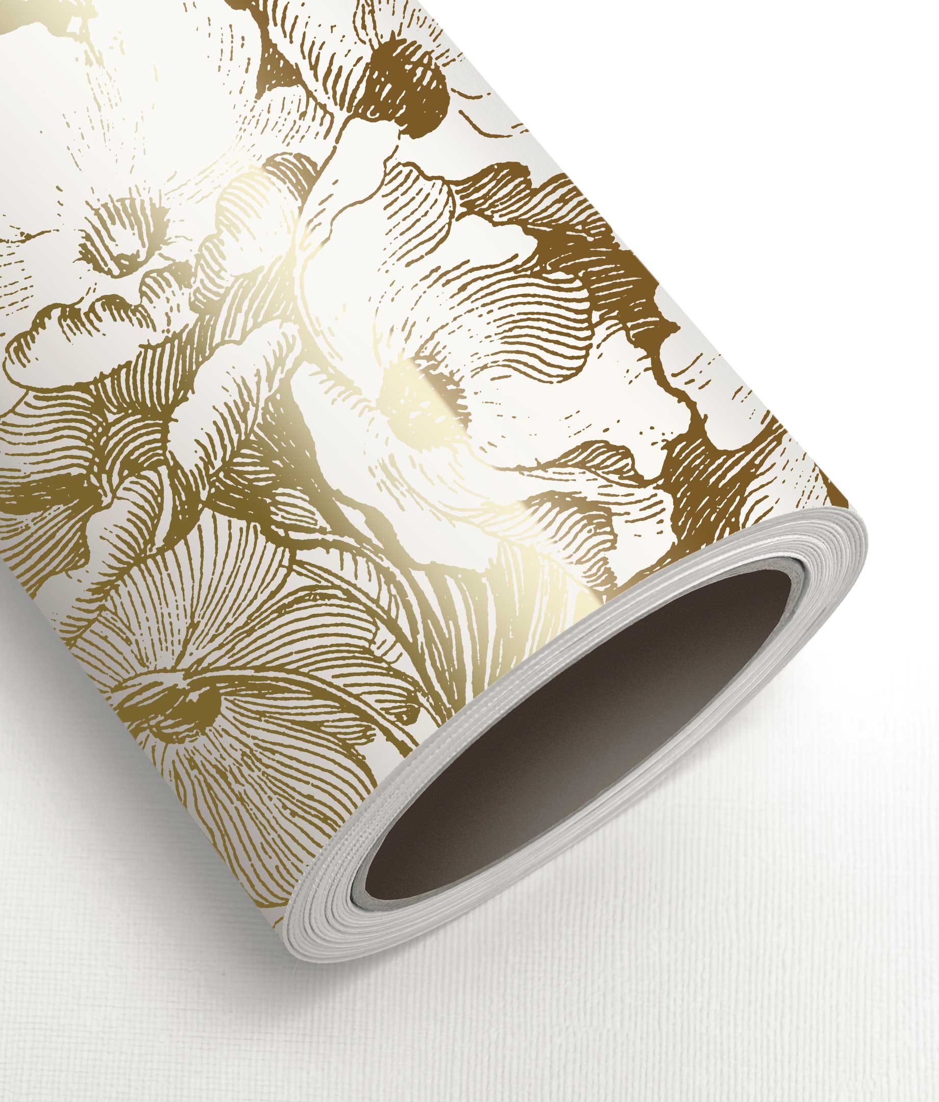 Floral wallpaper with gold, Engraved Flowers, Gold/White