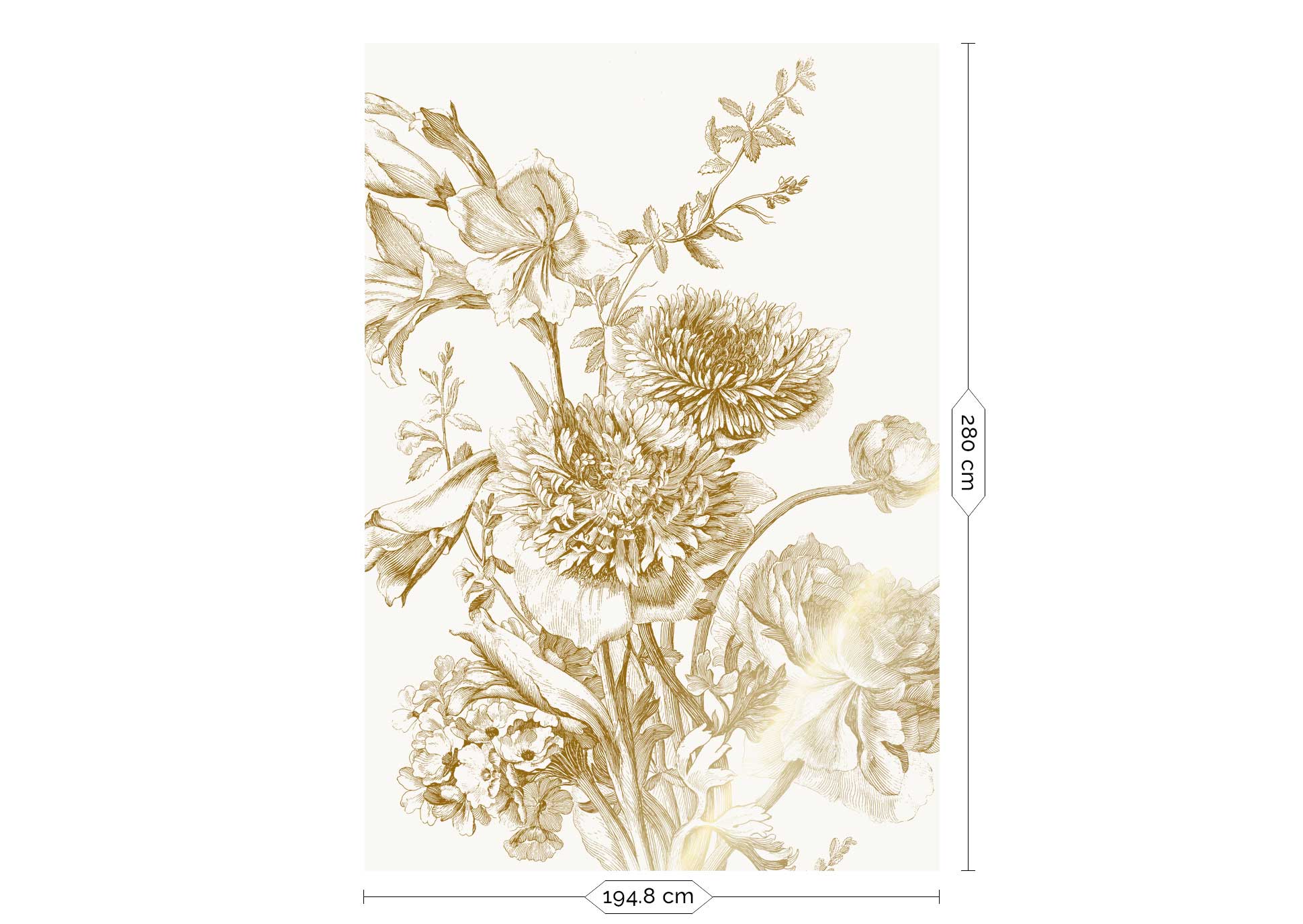 Floral wallpaper with gold, Engraved Flowers, Gold/White
