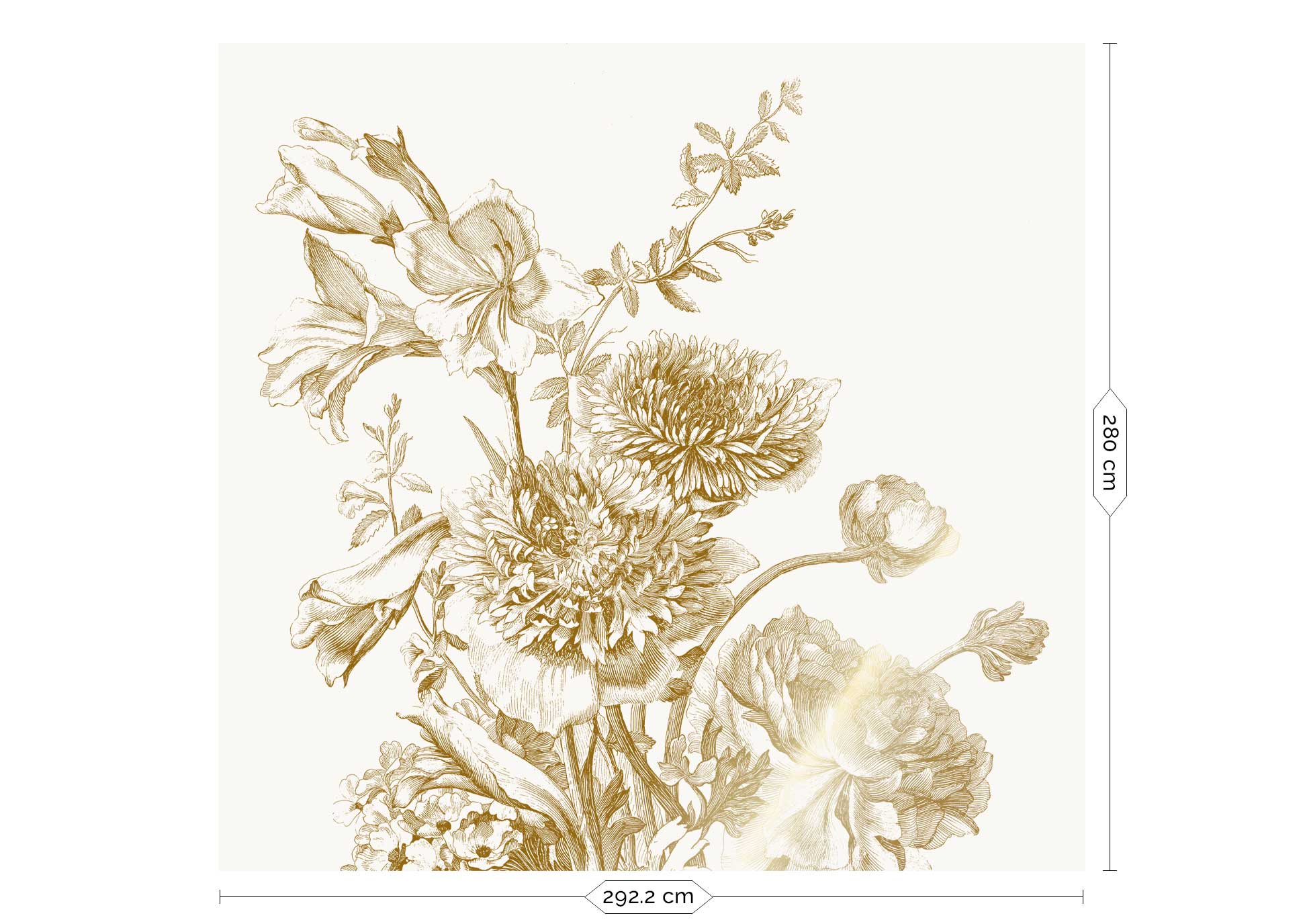 Floral wallpaper with gold, Engraved Flowers, Gold/White