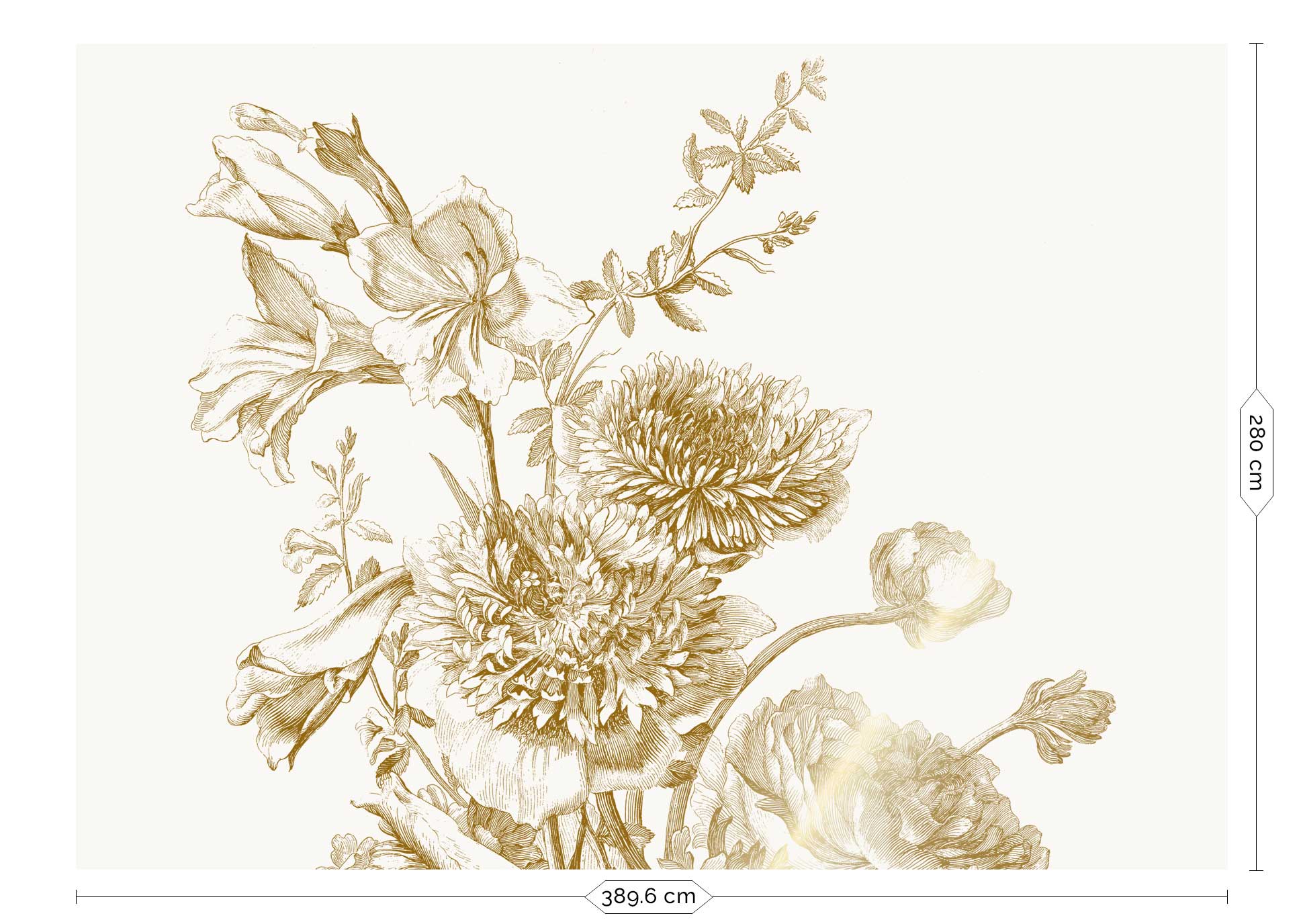 Floral wallpaper with gold, Engraved Flowers, Gold/White