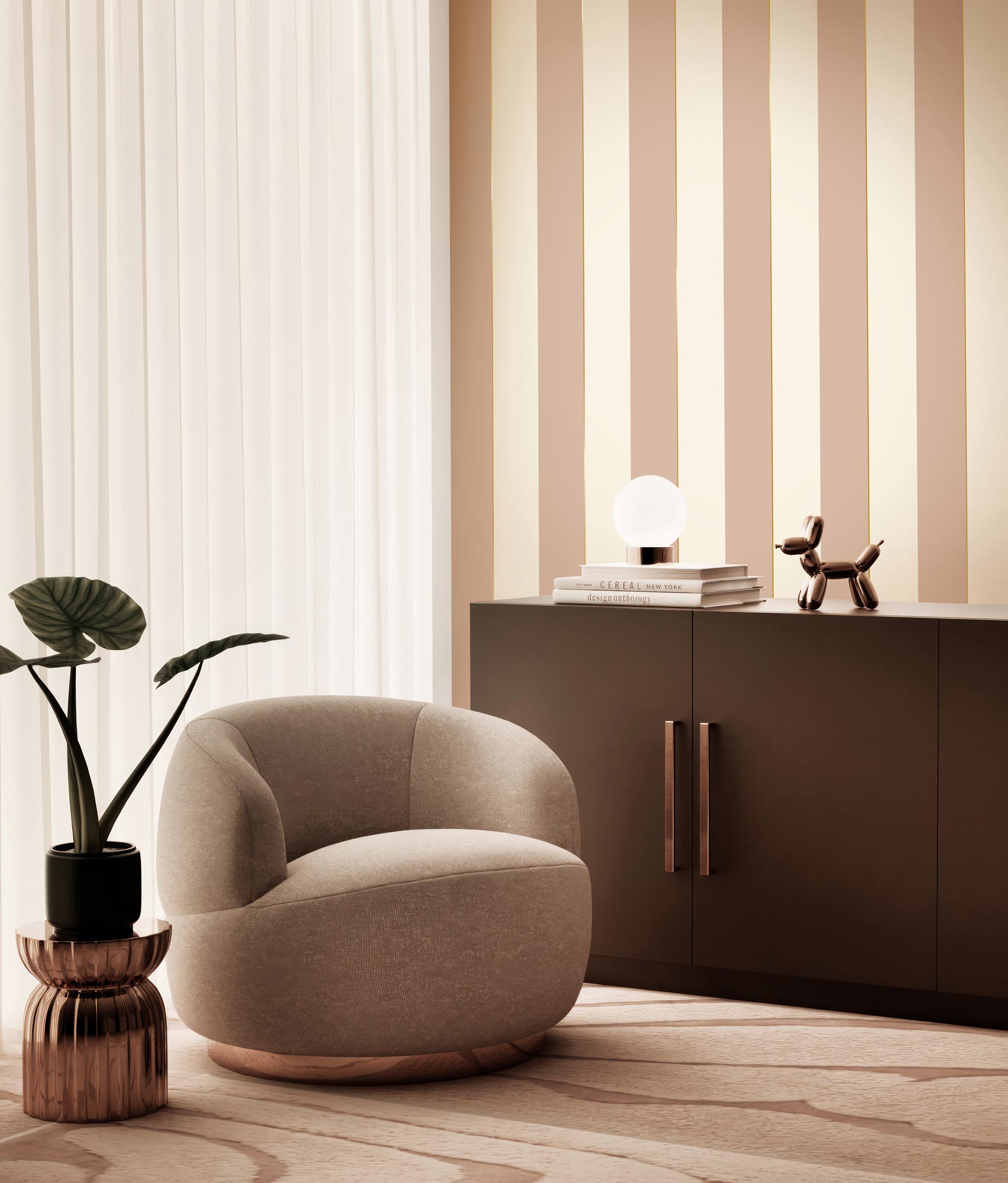 Striped wallpaper with gold, Gold Stripes, Beige/Nude/Gold