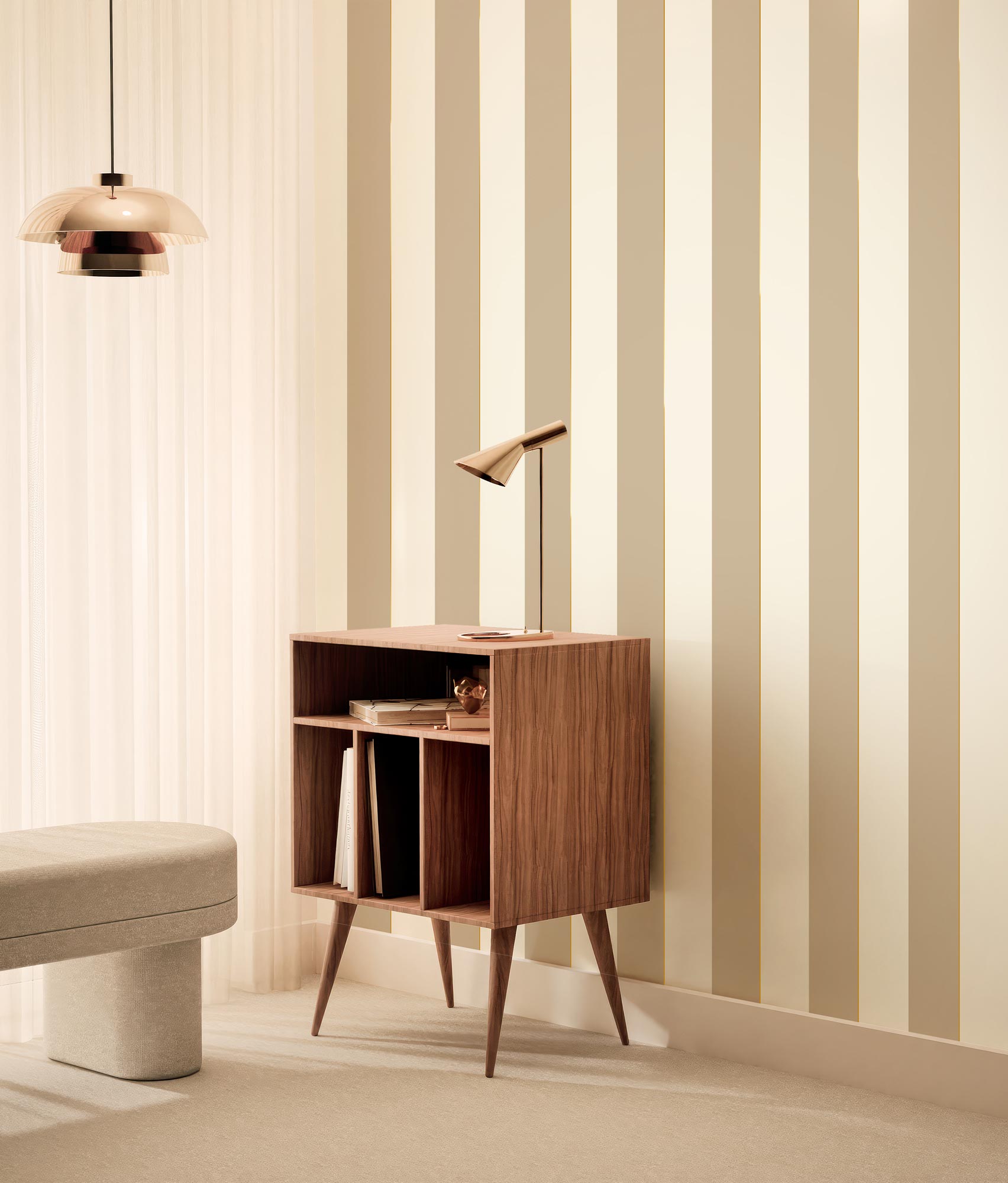 Striped wallpaper with gold, Gold Stripes, Beige/Sand/Gold
