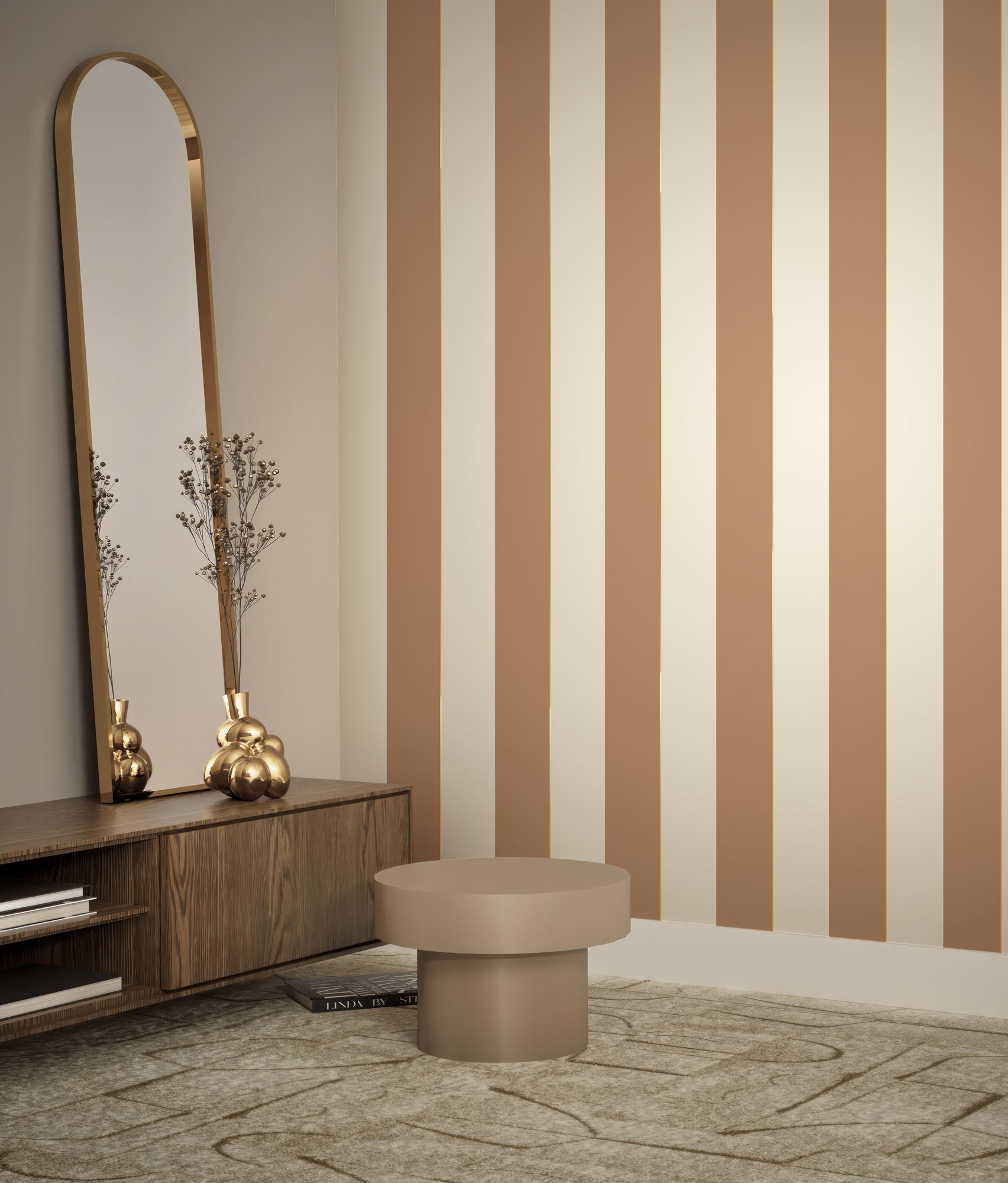 Striped wallpaper with gold, Gold Stripes, Beige/Camel/Gold