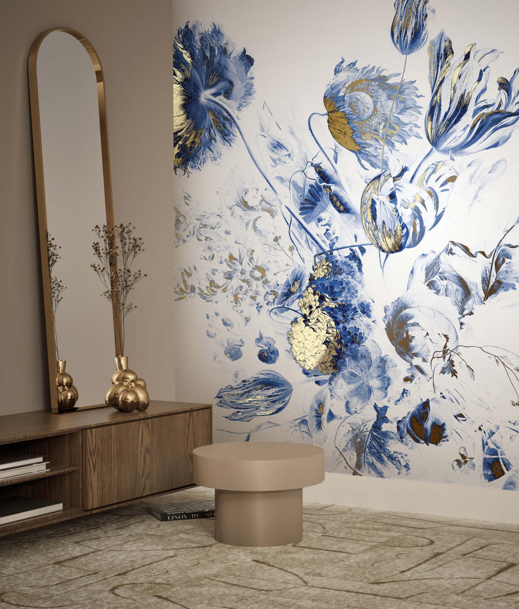 Floral wallpaper with gold, Royal Blue Flowers, Gold/Blue