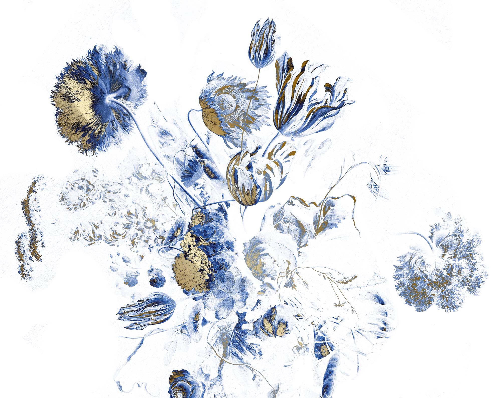Papier peint floral avec or, Royal Blue Flowers, Or/Bleu