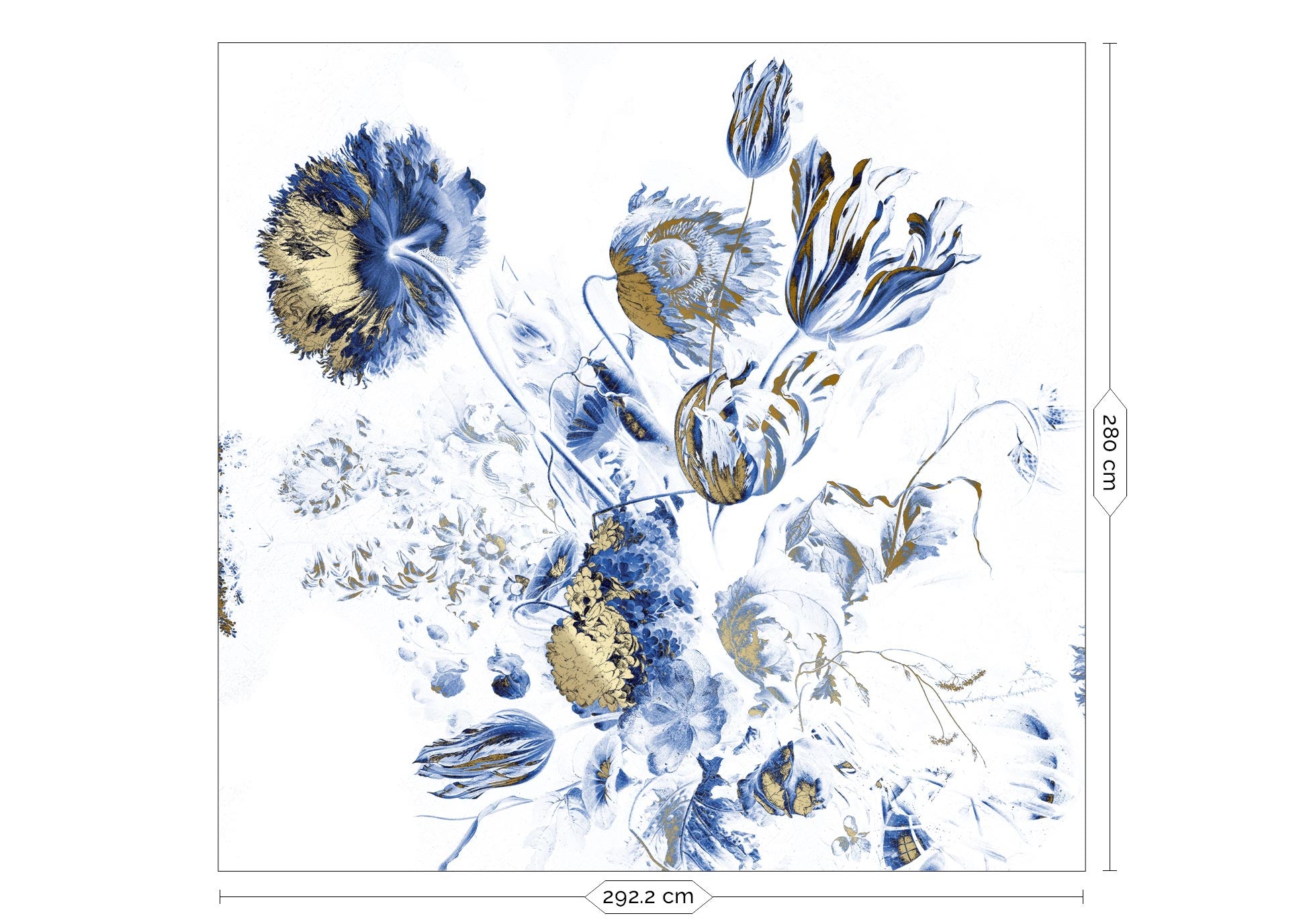 Papier peint floral avec or, Royal Blue Flowers, Or/Bleu