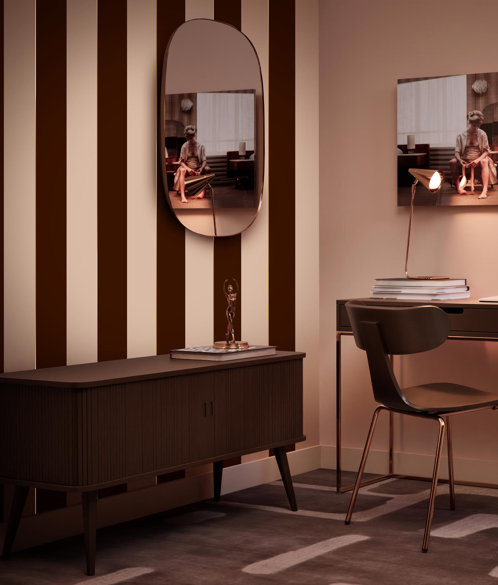 Striped wallpaper with gold, Gold Stripes, Bordeaux/Nude/Gold