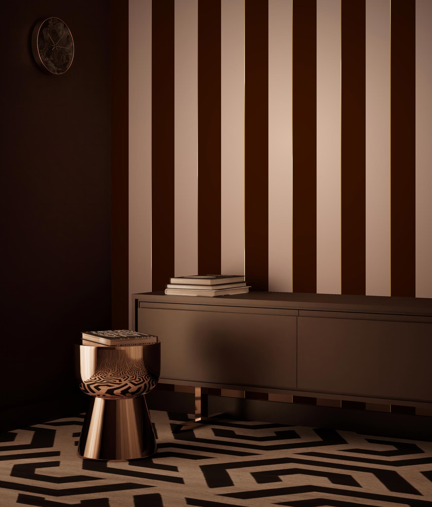 Papel pintado a rayas con oro, Gold Stripes, Burdeos/Nude/Oro