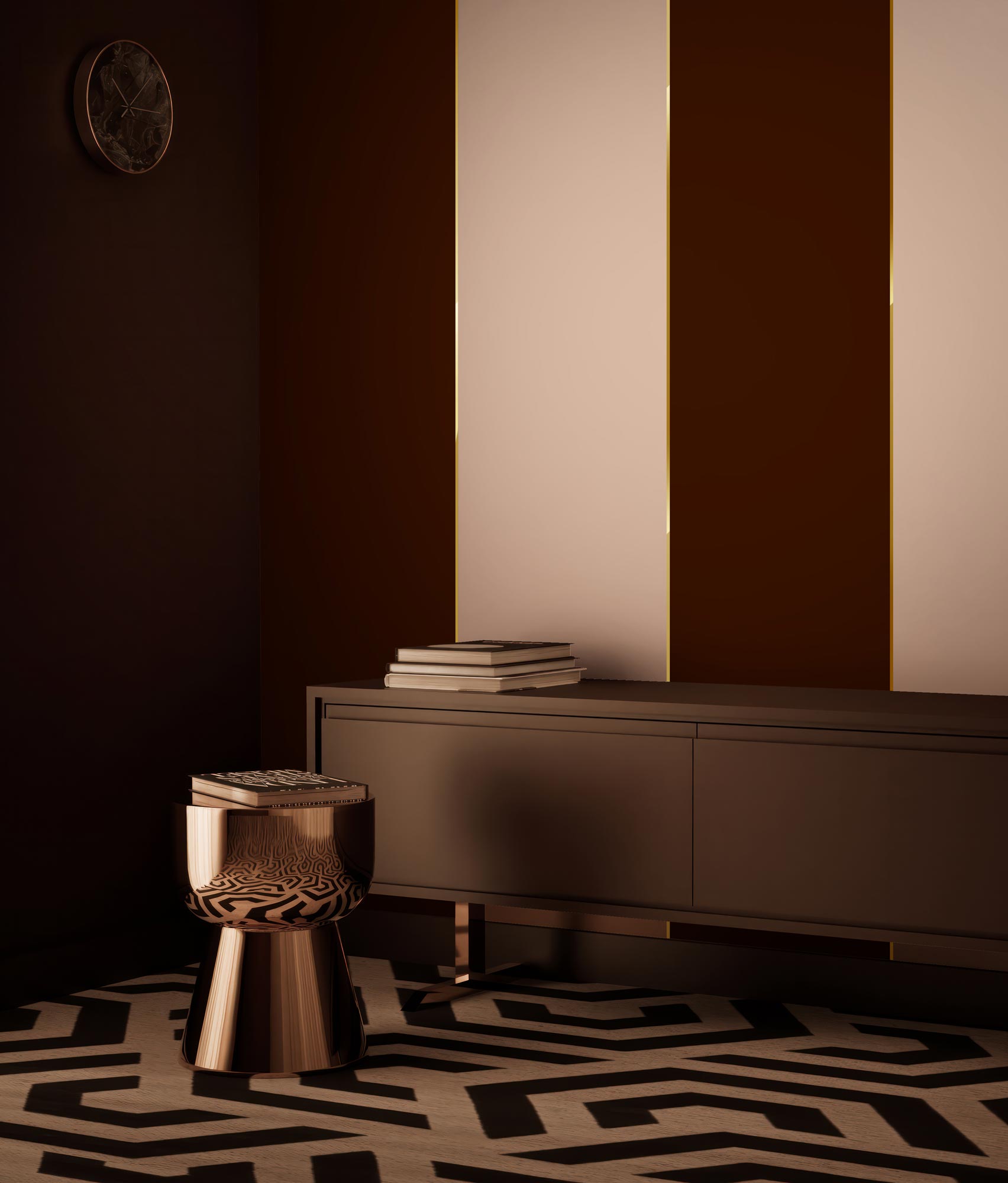 Papier peint à rayures avec or, Gold Stripes, Bordeaux/Nude/Or