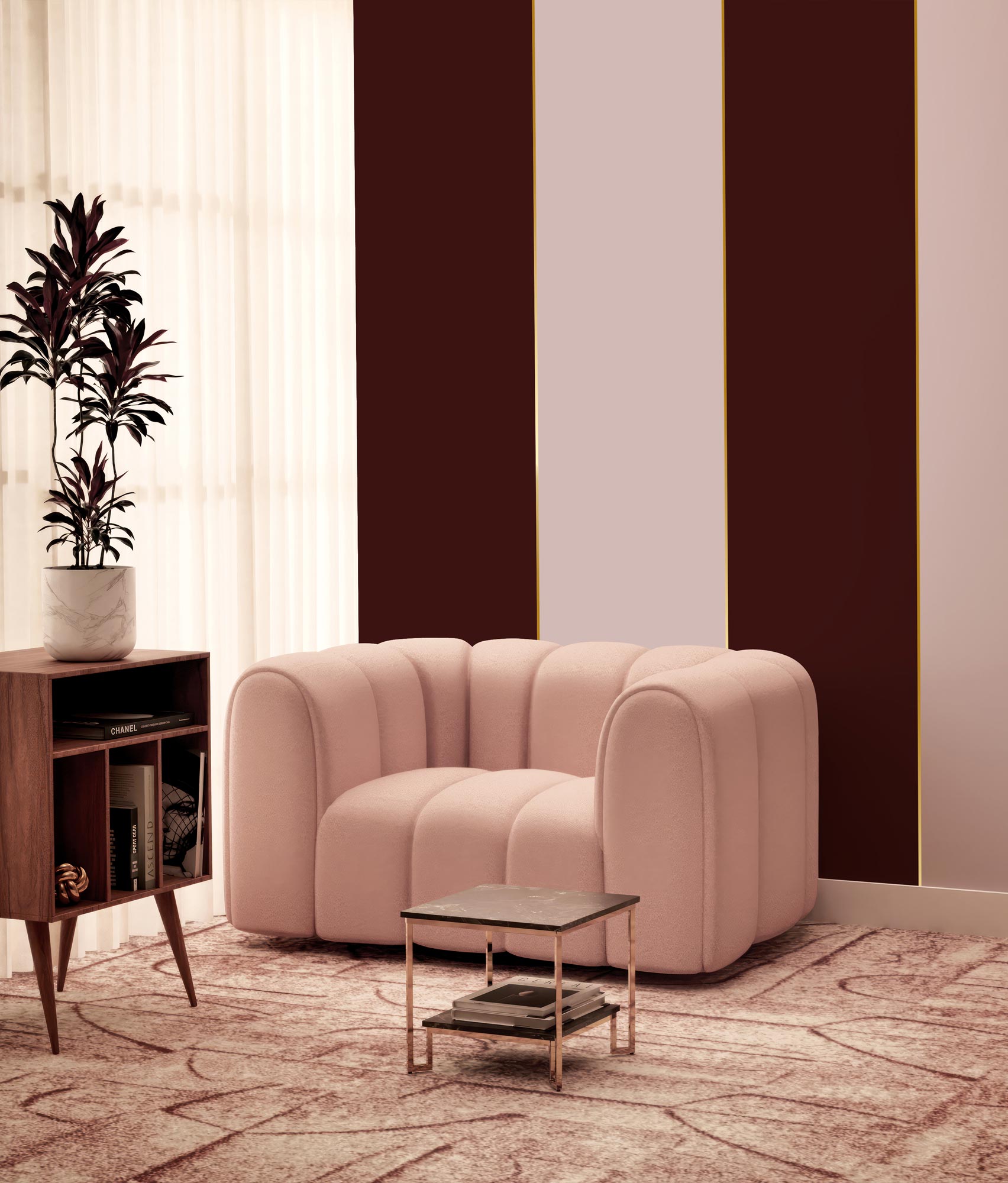 Striped wallpaper with gold, Gold Stripes, Aubergine/Lilac/Gold