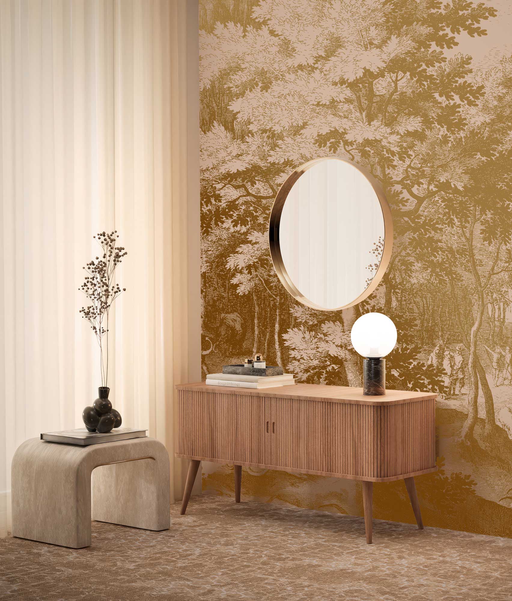 Landscape wallpaper with gold, Engraved Landscapes, Gold/Nude