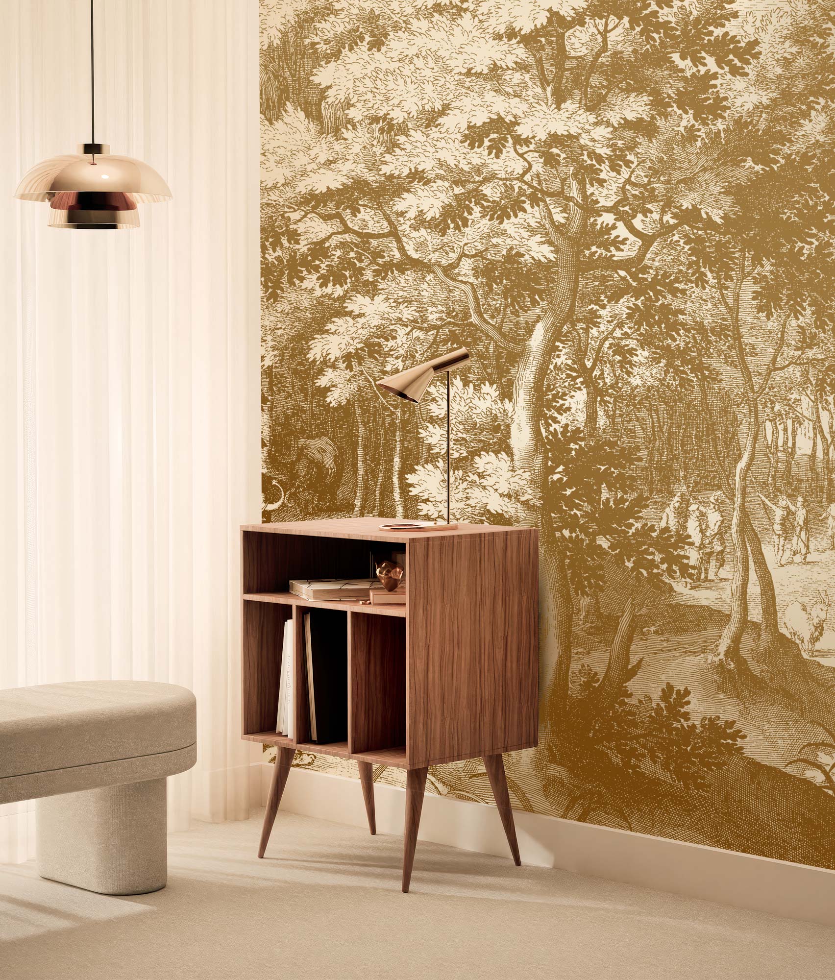 Landscape wallpaper with gold, Engraved Landscapes, Gold/Beige