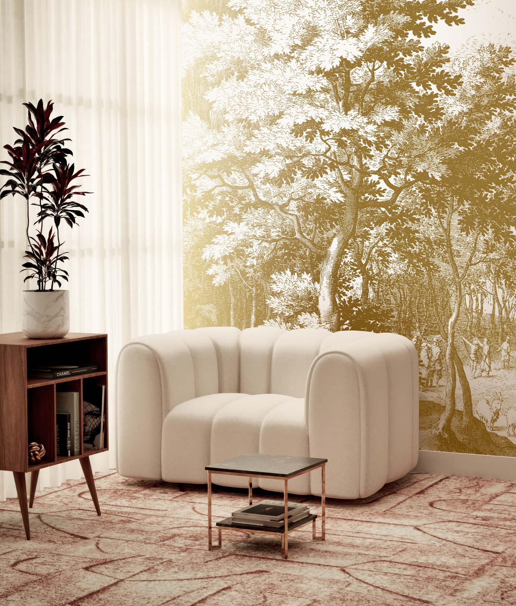 Landscape wallpaper with gold, Engraved Landscapes, Gold/White