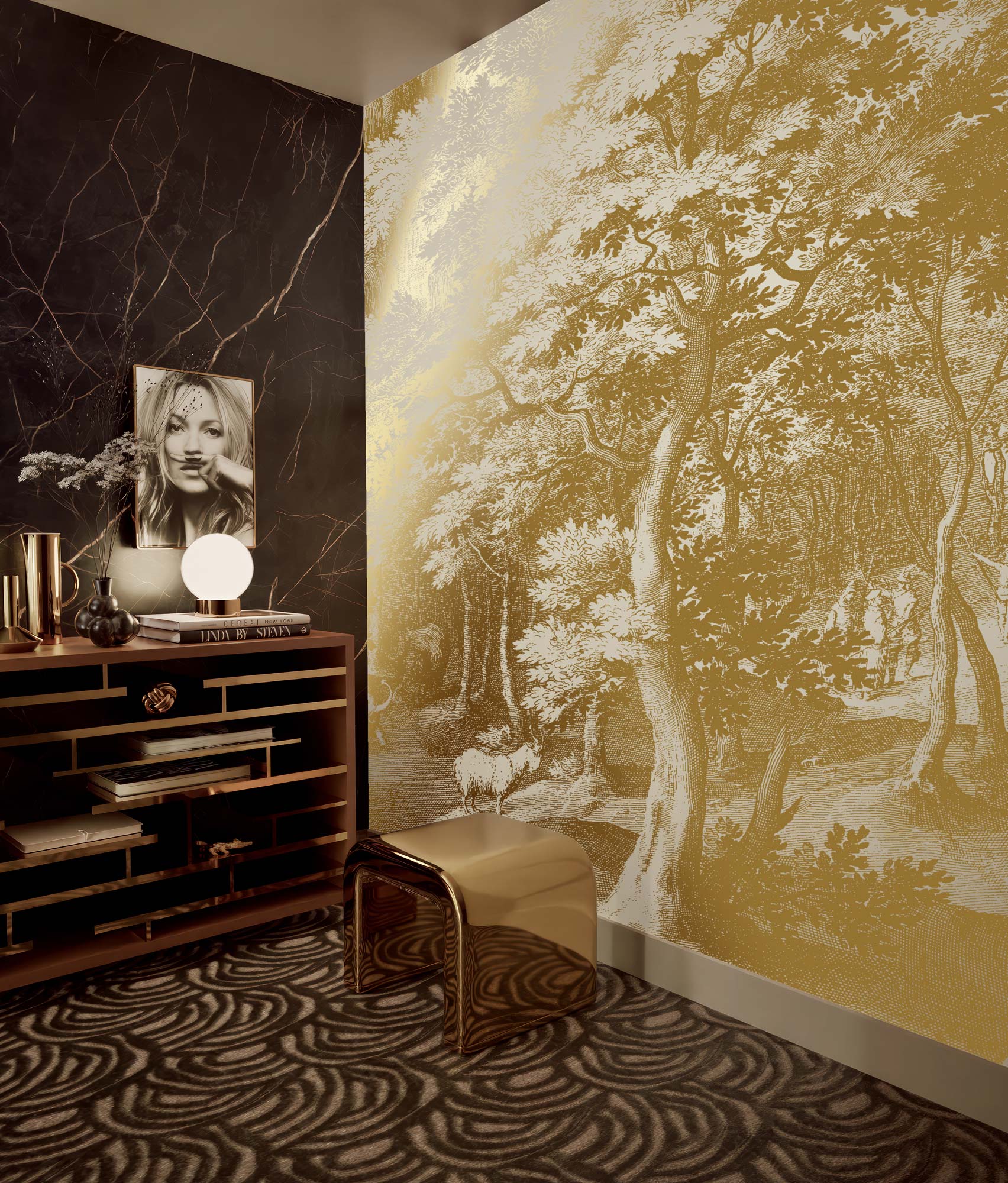 Landscape wallpaper with gold, Engraved Landscapes, Gold/Sand