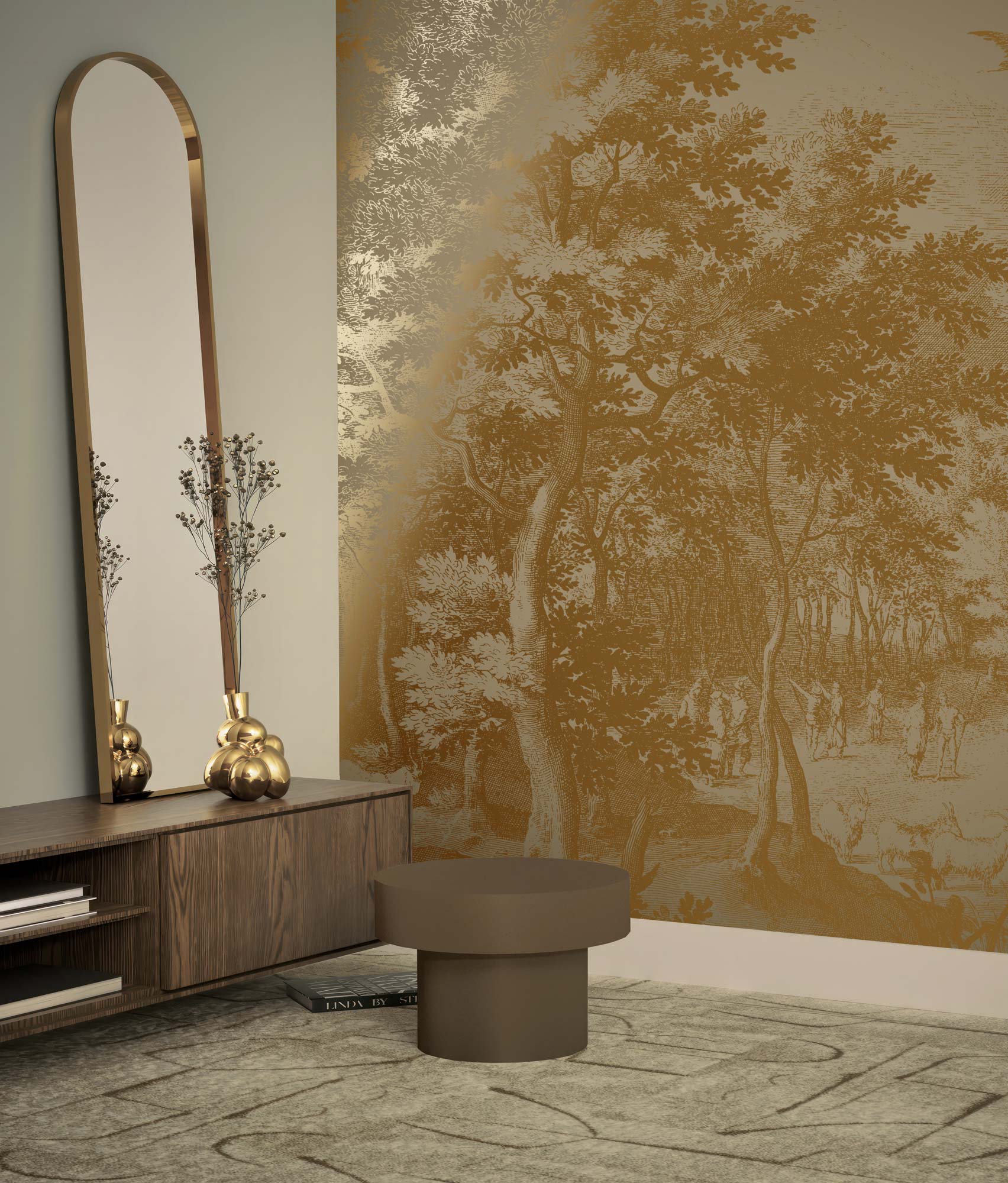 Landscape wallpaper with gold, Engraved Landscapes, Gold/Taupe