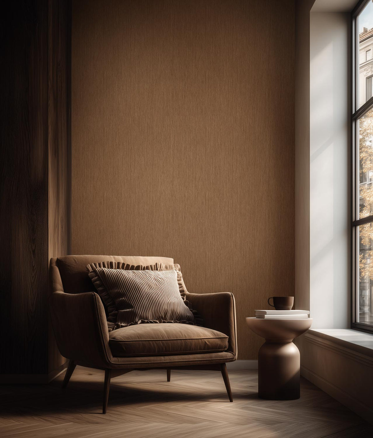 Afwasbaar effen behang met voelbare linnenlook structuur, Hotel Chique Houston, 53 x 1000 cm, Bruin