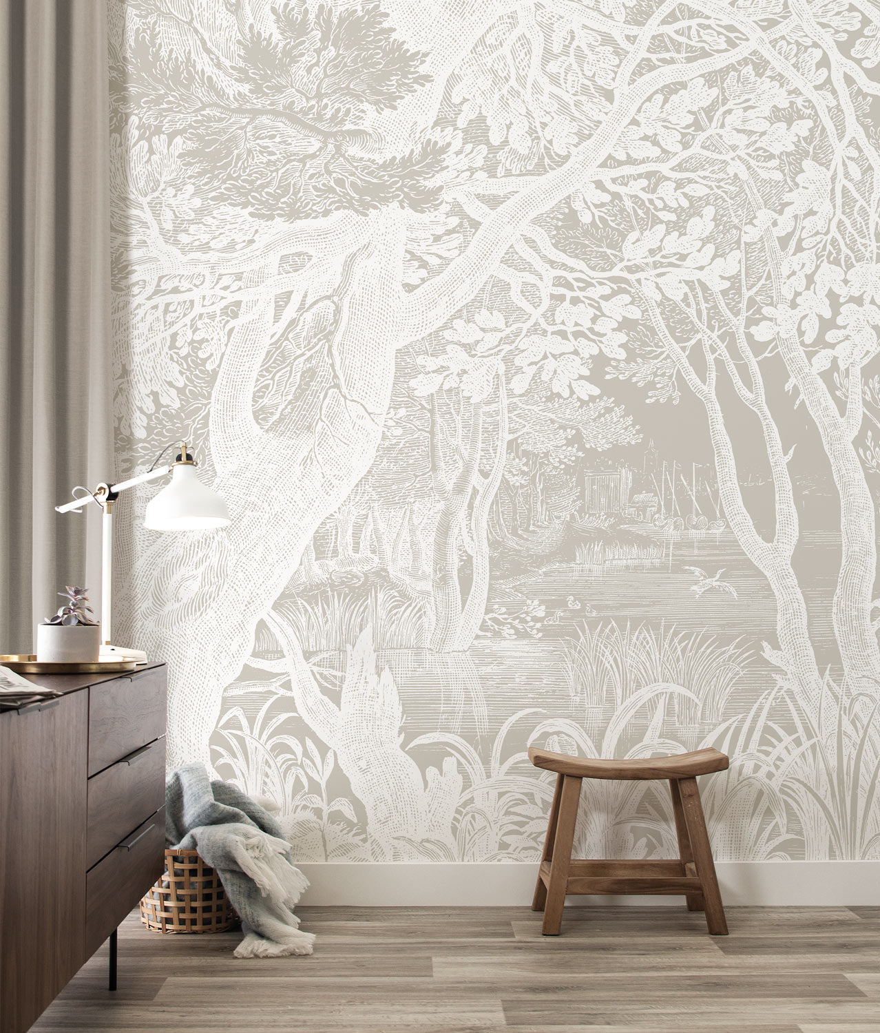 Engraved Landscapes, wallpaper with drawn landscapes, Grey