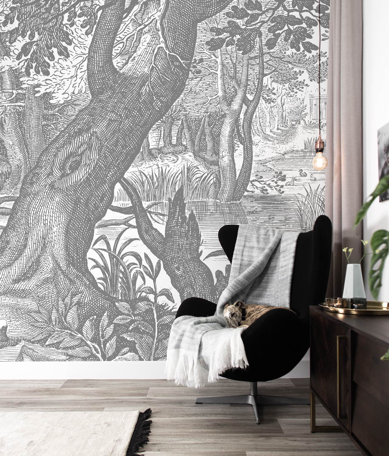 Engraved Landscapes, behang met getekend landschap, Grijs, WP-615, Interieur 2