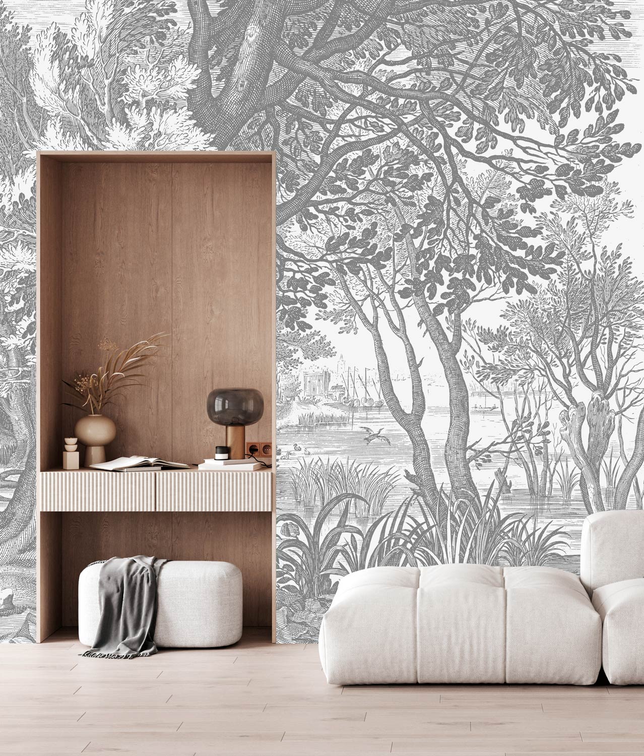 Engraved Landscapes, behang met getekend landschap, Grijs, WP-615, Interieur 3