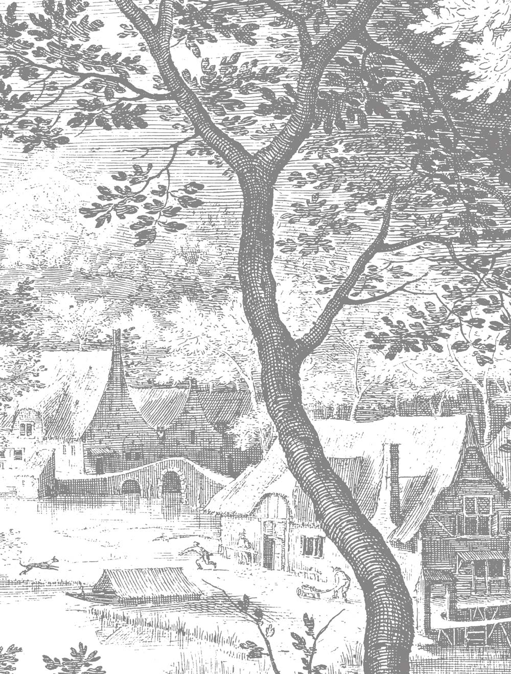 Engraved Landscapes, behang met getekend landschap, Grijs, WP-619, Close