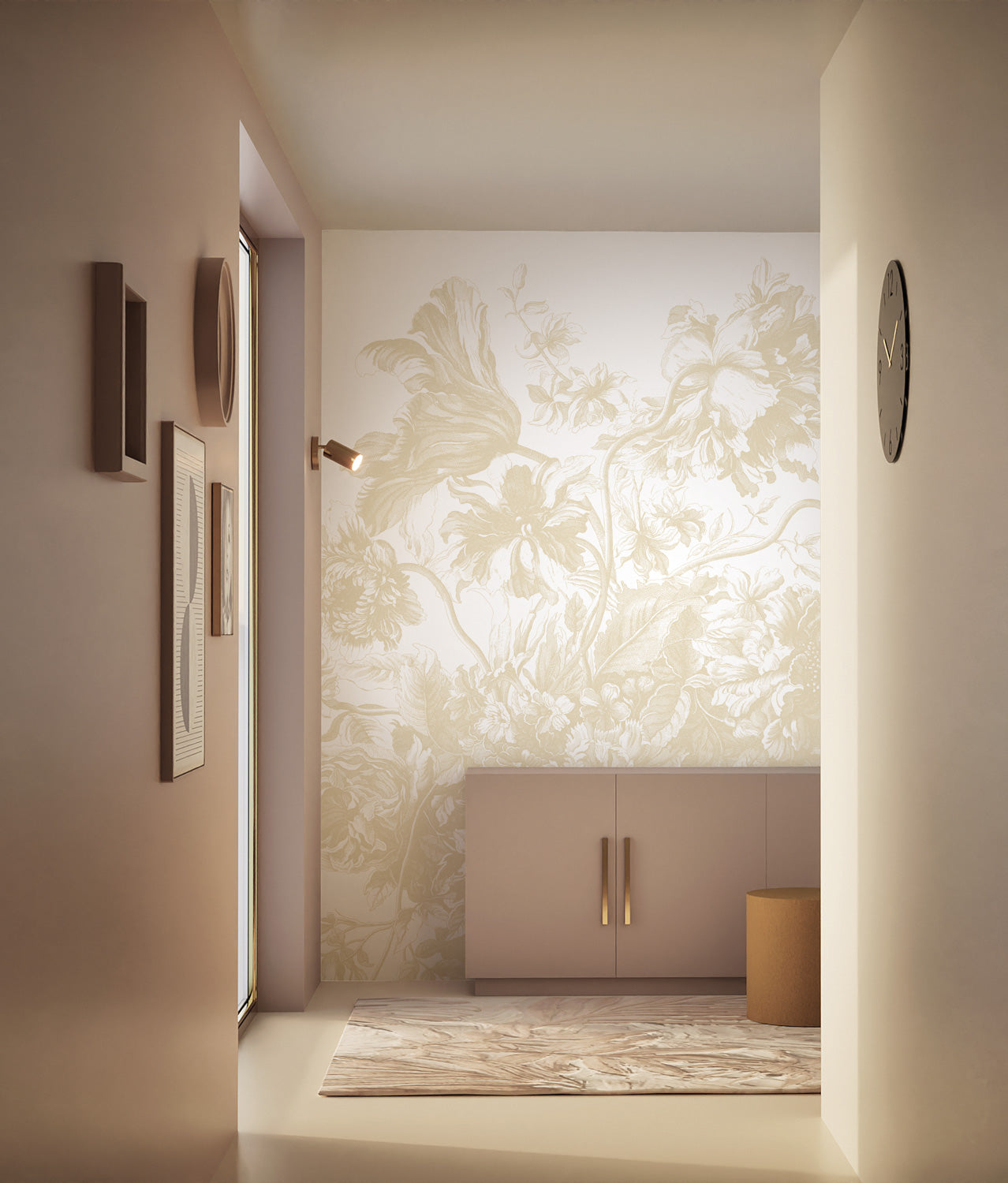 Engraved Flowers, Bloemen behang door Frans Uyterlinde, Beige, Interieur