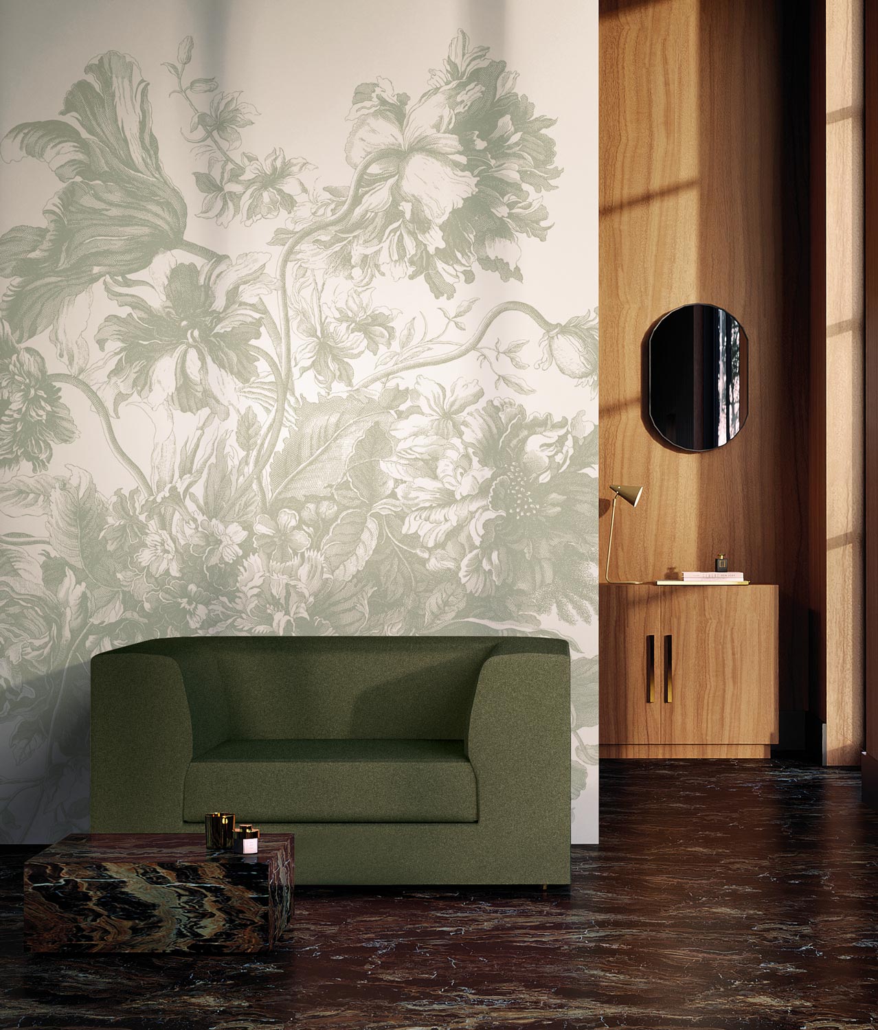 Engraved Flowers, Bloemen behang door Frans Uyterlinde, Groen, Interieur 2
